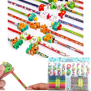Almineez Set of 24 Pencils Christmas Theme Festive Kids Stationary Tools Colour Pencil With Eraser Topper & Sharpeners for School Xmas Party Stocking Fillers Novelty Gift