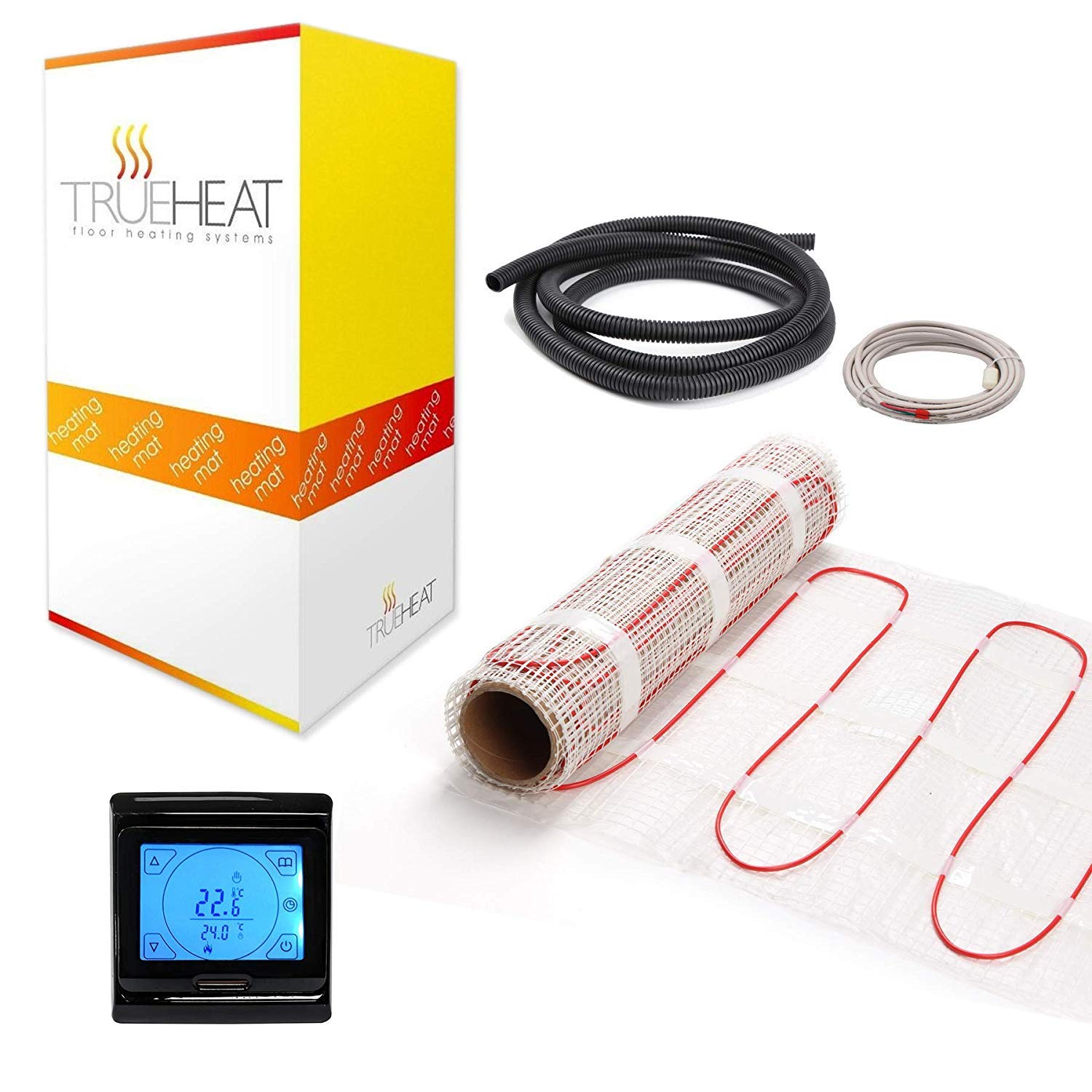 Trueheat Black Touchscreen Electric Underfloor Heating Mat Kit For Tile Or Stone Floors 200W/M2-4.5M2 With Programmable Thermostat