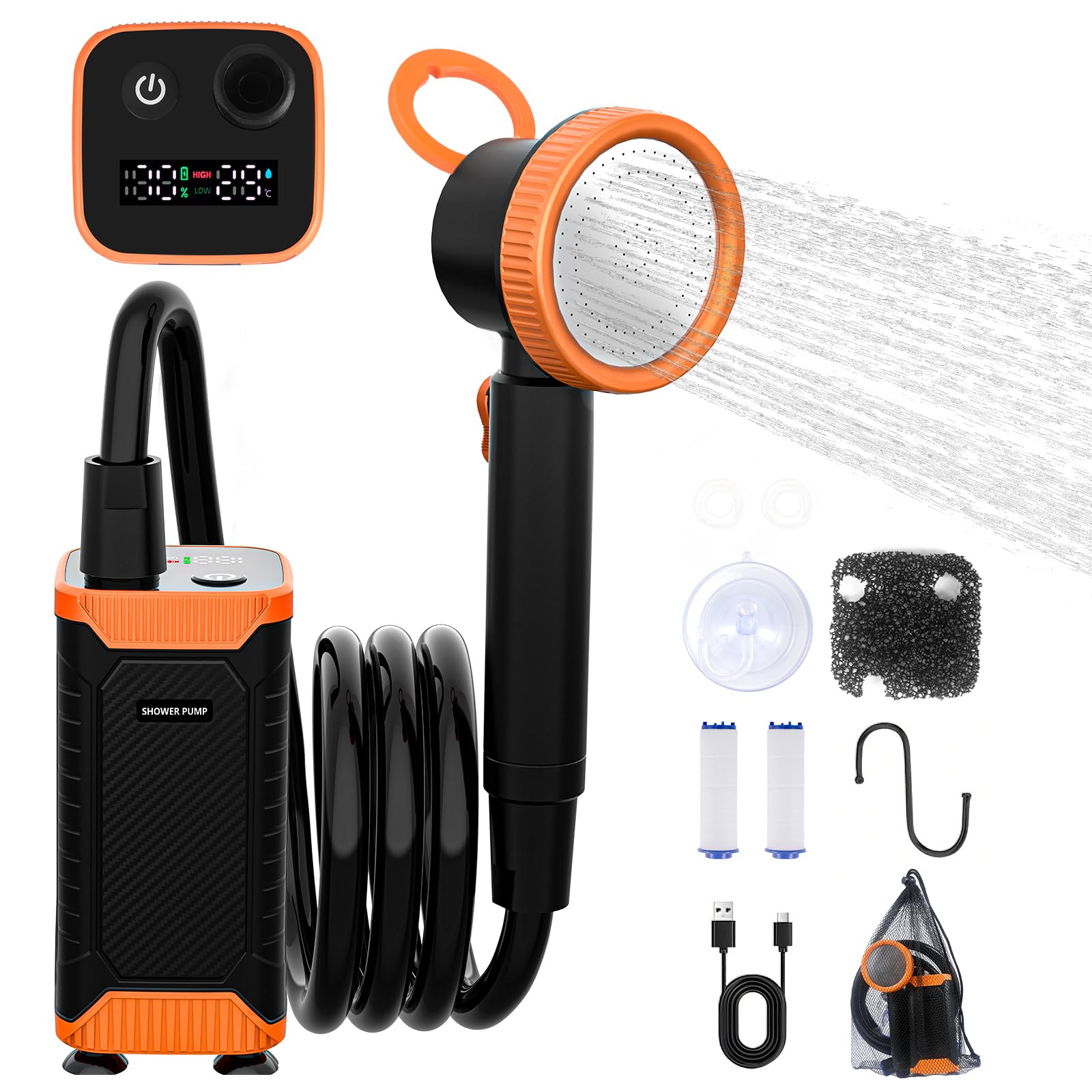 Douche de Camping, 8000mAh Douche Portable avec Pomme de Douche Filtrante, Pompe de Douche Électrique Rechargeable Étanche IPX8, Kit Douche Exterieur pour Camping, Animaux, Randonnée, Voyage