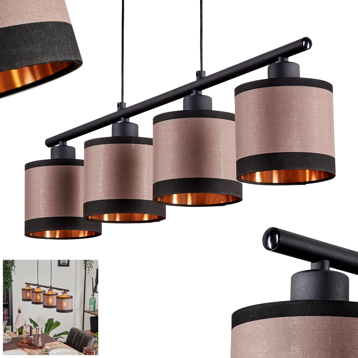 Lohobe Pendant Light, Modern Hanging lamp Made of Metal/Fabric in Black/Brass Colours/Brown, luminaire in Modern Design, Fabric Shade (Ø 12 cm), 4-Light, max. 150 cm, 4 x E14, Without Bulbs