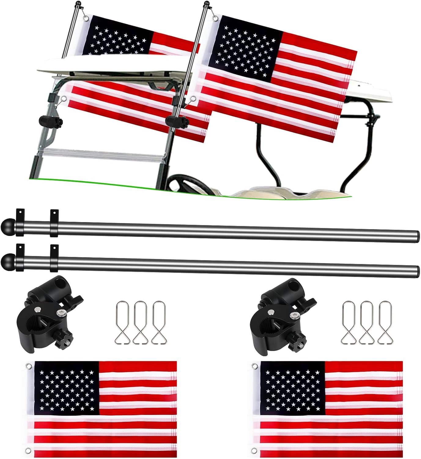 Golf Cart Adjustable Flag Holder, Universal Flagpole for EZGO Club Car Yamaha, Flag Bracket for 0.59-1.18" Round/Oval Square Rails Push Cart, UTV, ATV, Included USA Flags (12"×18")