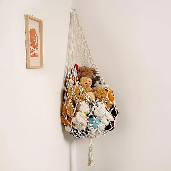 Amdermi Stuffed Animal Storage Organizers Corner Hanging Ne 60" L Stuffy Animal Hammock Macrame Toy Display Plush Toy Holder Wall, Kid Bedroom Decor Boho Nursery Playroom Organizer 60" L (Cream)