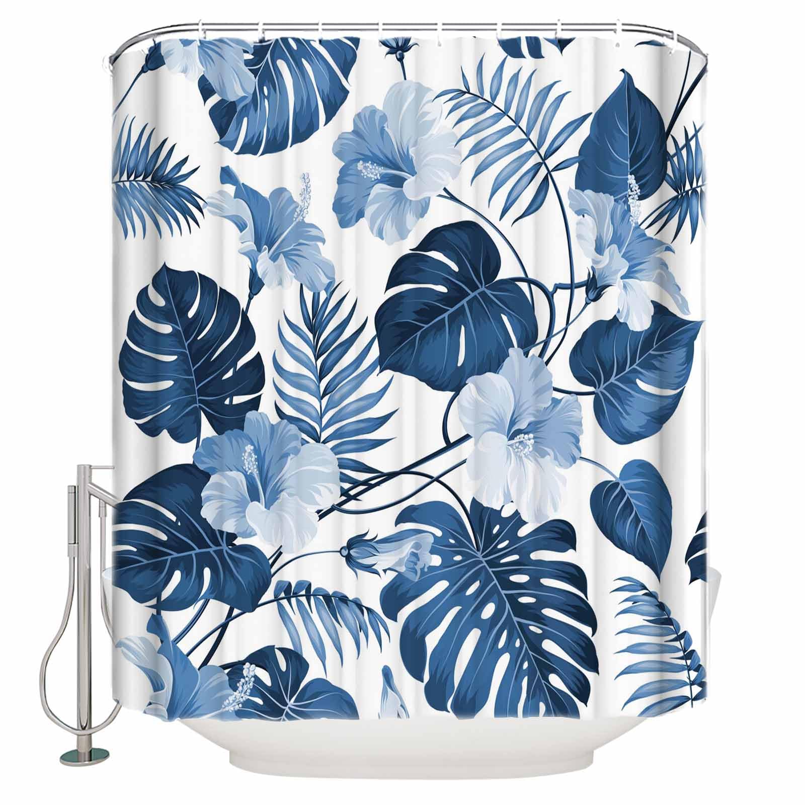 Bathroom Shower Curtains 36x78 Inch - Fabric Waterproof Curtain with Hooks Washable Bath Curtain - Blue Tropical Palm Branches Shower Curtain Sets