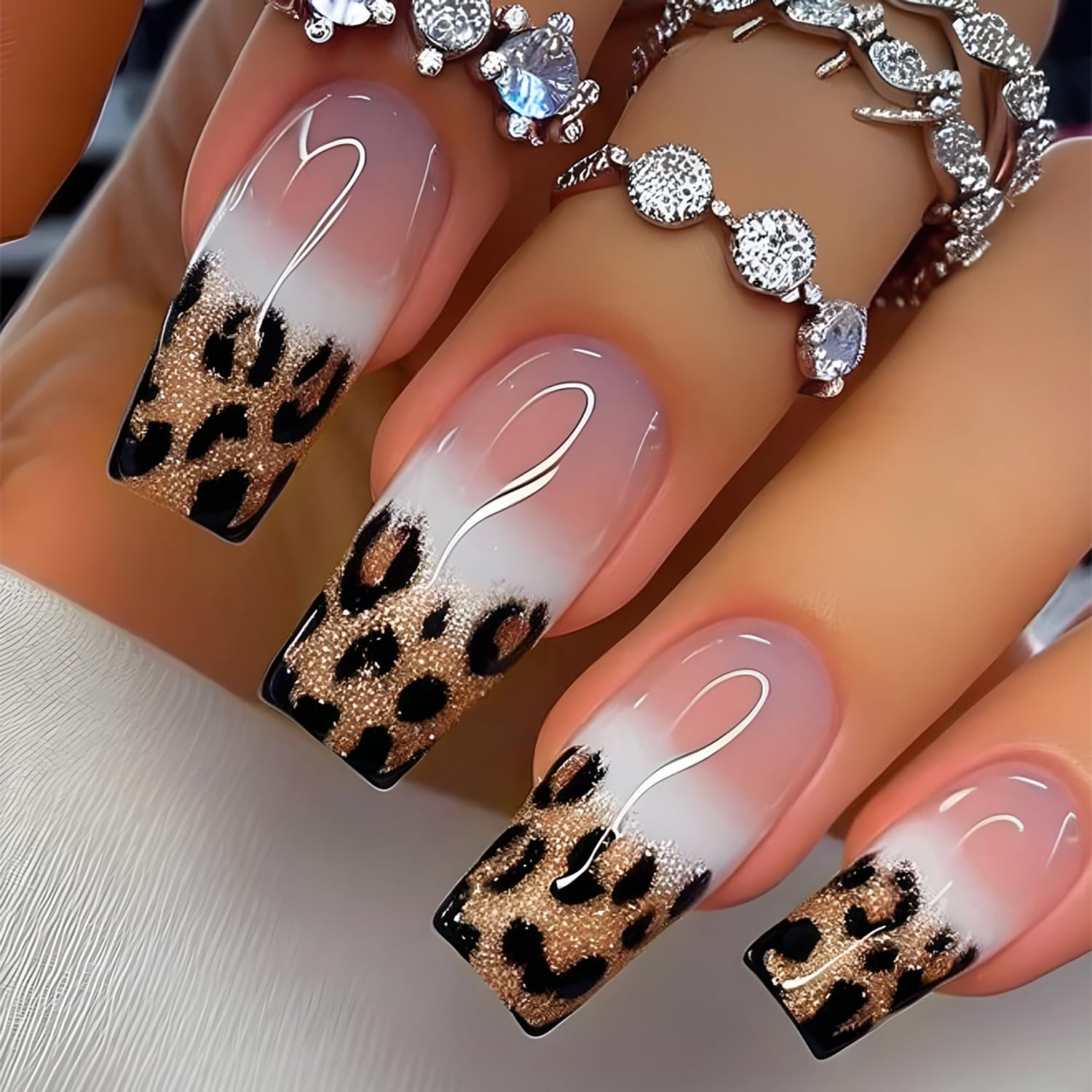 Leopard French False Nails Press on Nails Long Length Artificial Coffin Nails Full Cover Glitter Fake Nails Nude Pink Acrylic Nails Leopard Stick on
