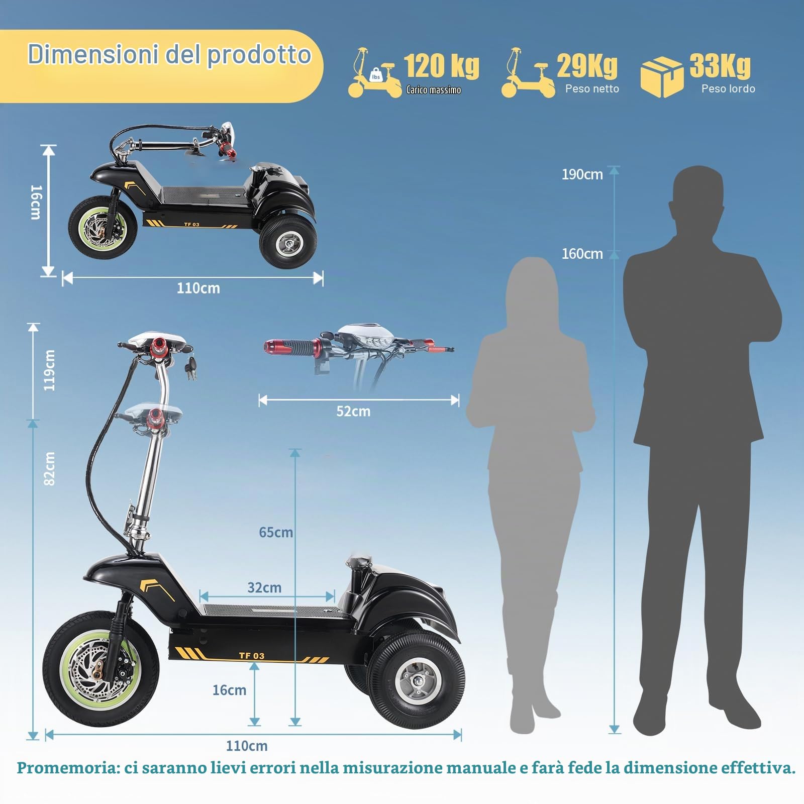 TWOFISH Triciclo Elettrico per Adulti, Batteria da 48V 15Ah, Pneumatici da 12 Pollici Autonomia 38 km Massima 25 km/h, Carico 100 kg, TF-03 (Nero e Giallo)