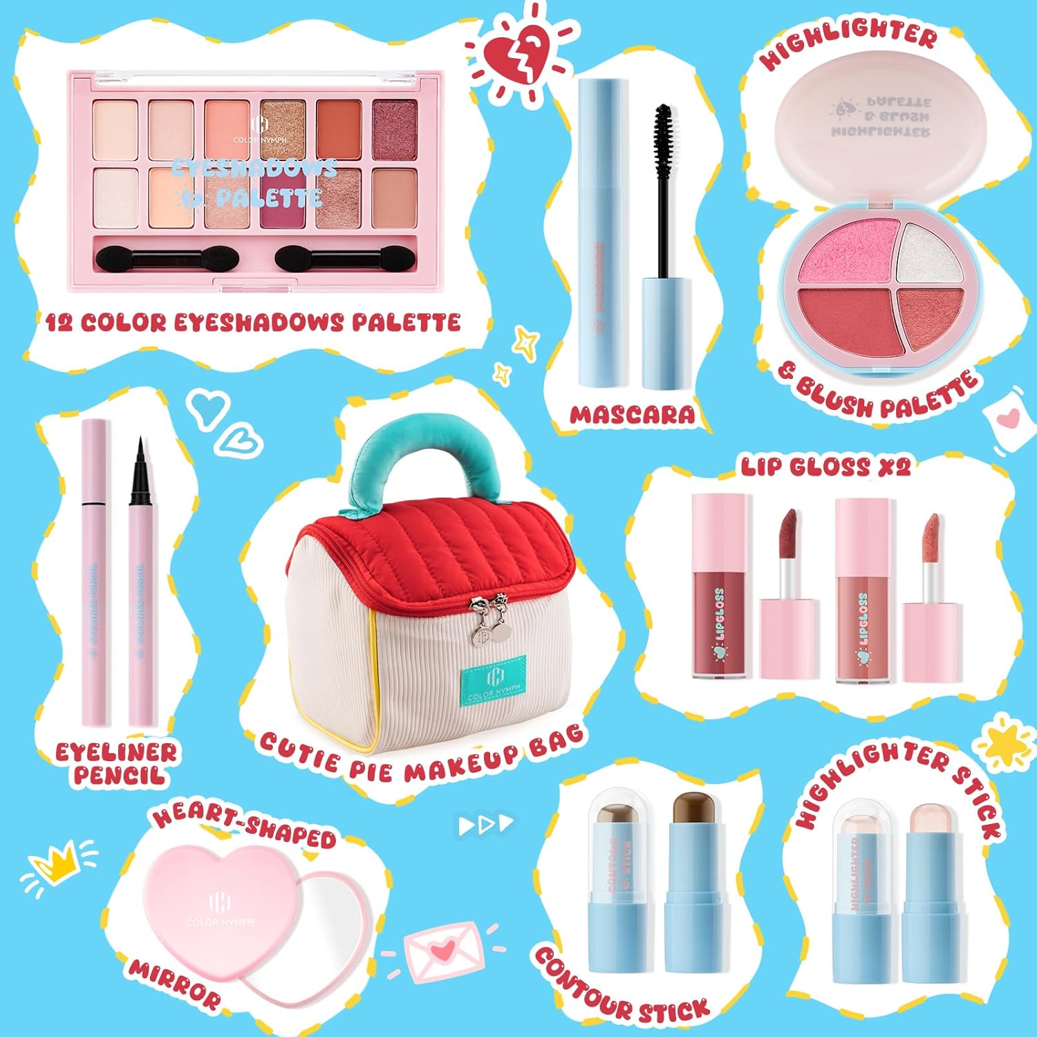 Color Nymph All In One Girls Makeup Kits for Teen Girls & Women Full Kit with Cutie Pie Handbag, Make up Set for Girl with Eyeshadow Blushes Contour Highlighter Lipgloss Mascara Eyeliner and Mirror