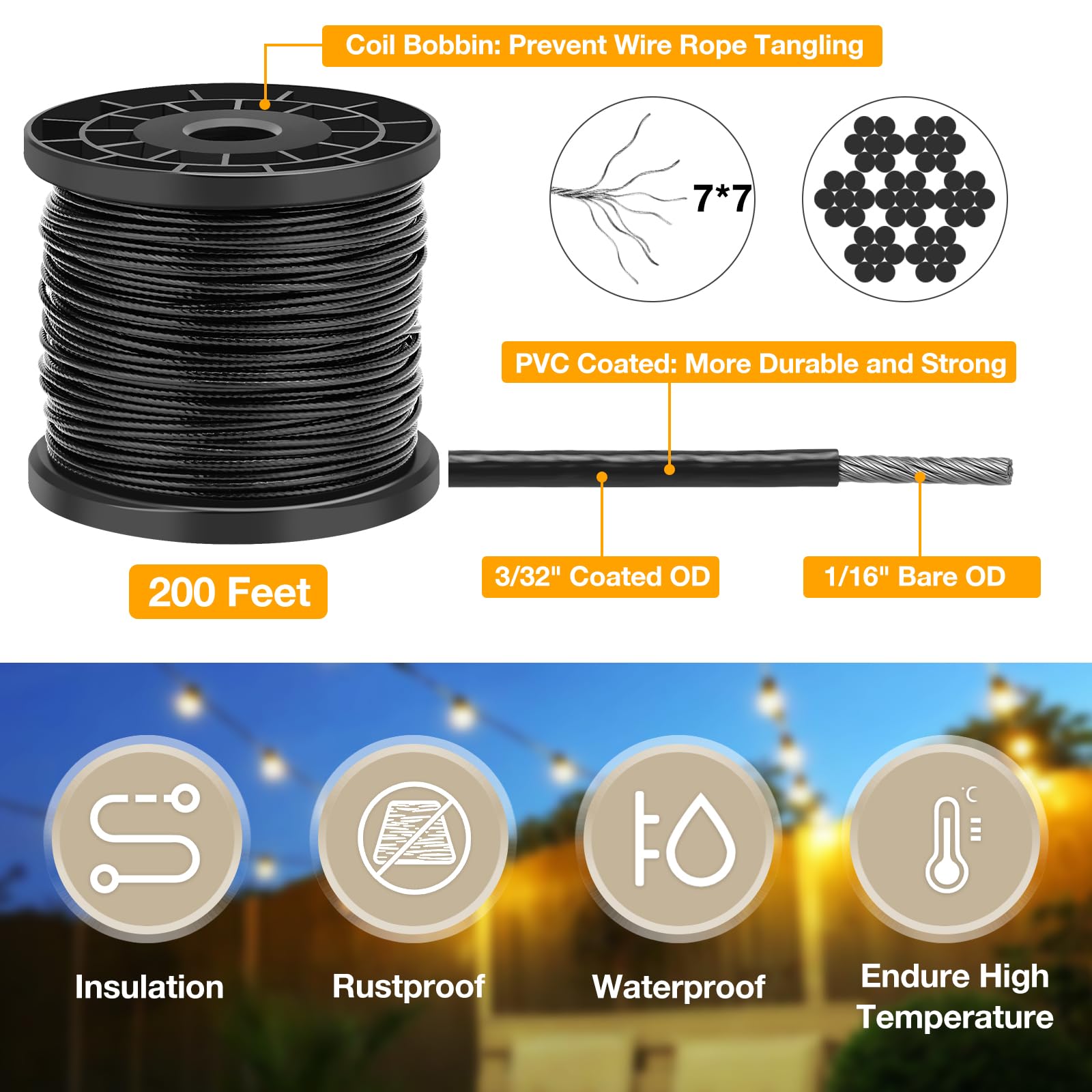 CGBOOM Fune metallica, 60 m, cavo in acciaio inox da 1/16, kit per appendere cavi in vinile nero con tenditori e ganci per sistema di ringhiere per ponte, appendere luci esterne, recinzione da