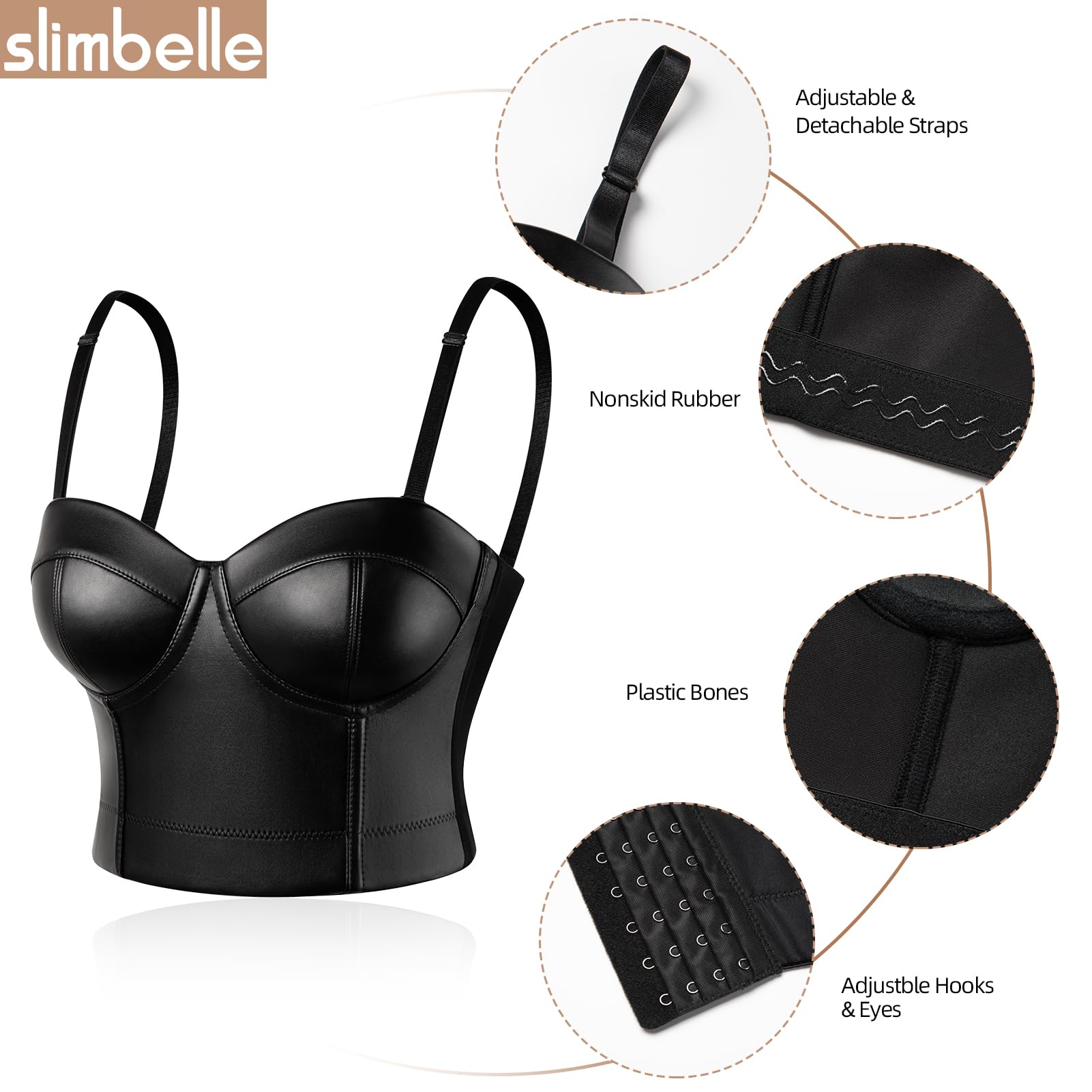 SLIMBELLE® Femme Corset Bra en Cuir Steampunk Bustier Top avec Armature Soutien Gorge Classique Débardeur à Bretelle Clubwear Gilet Noir Sexy PU Veste de Soirée - Noir - Taille XL