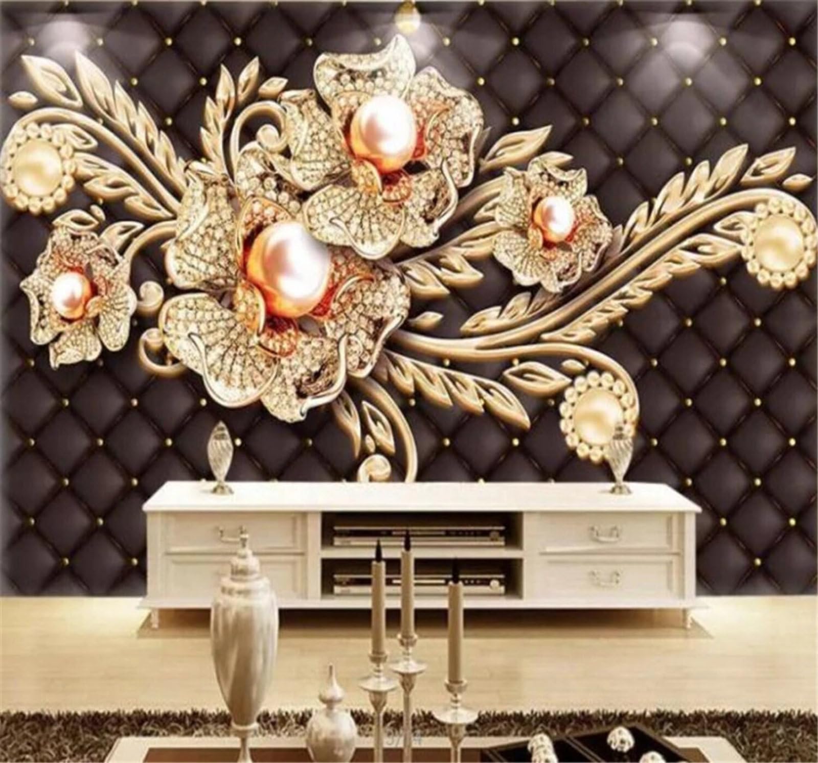 Black Soft Sided Bag Jewellery Diamonds Flowers 3D Wallpaper Easy Install Feature Office Living Room Sofa Bedroom TV Background Wall Decoration-400cm×280cm