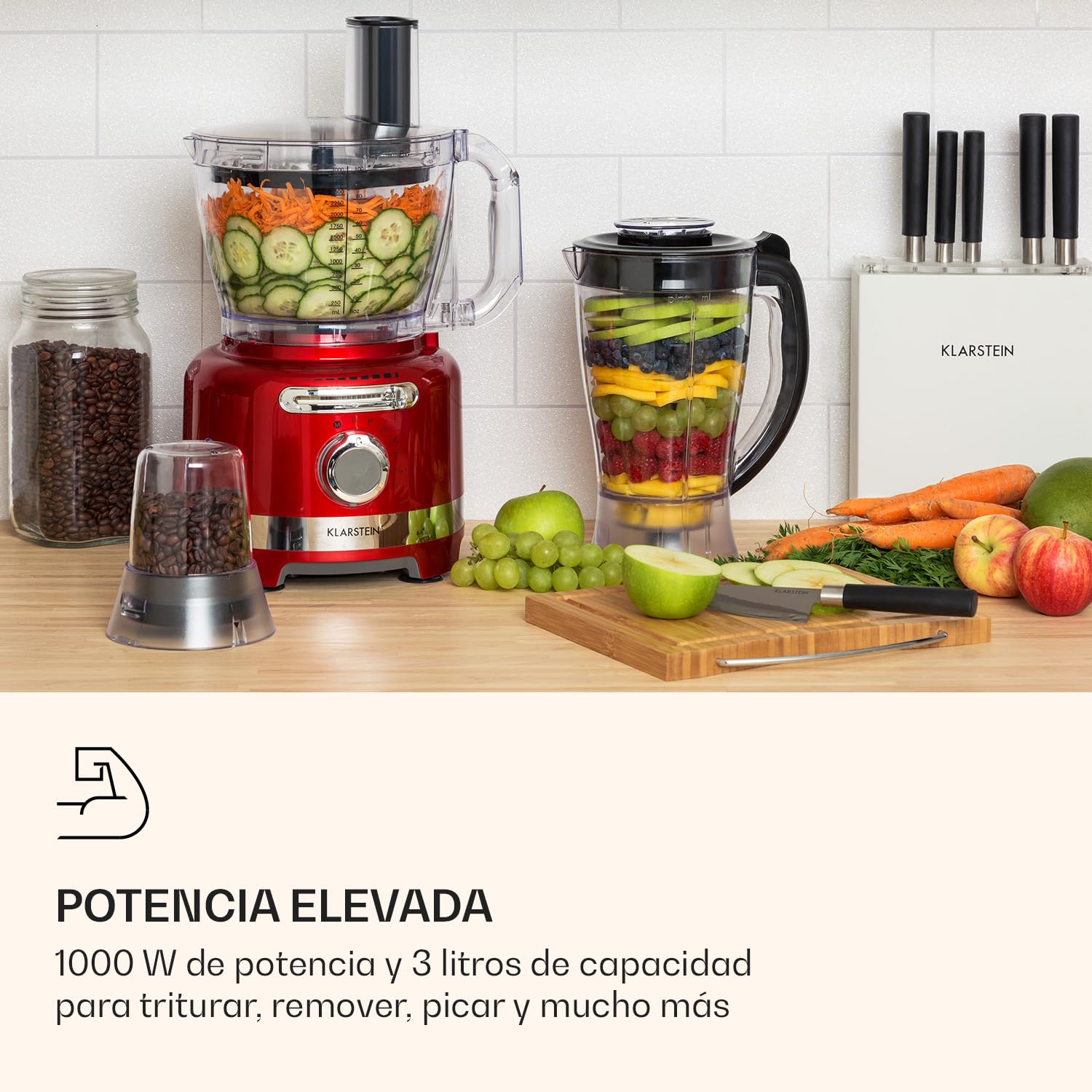 Klarstein Luca Batidora multifunción, Picadora, Rallador, Exprimidor, Food Processor, 1000 vatios, regulación continua, 6 modos, sin BPA, 3 litros, vaso medidor 3 l, espátula, Rojo