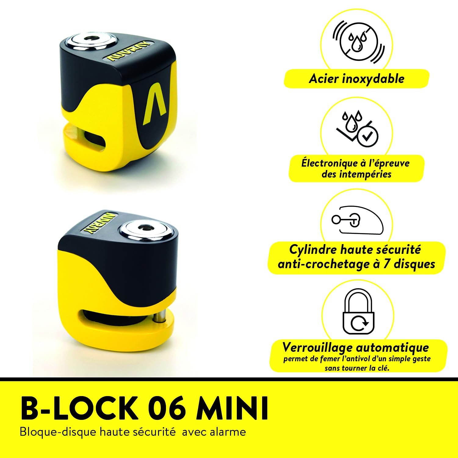 AUVRAY Bloque Disque Moto Alarme 120 dB B-LOCK 06 Mini – Antivol Scooter Compact – Acier Inoxydable – Cylindre 7 Disques Anti Crochetage – Recharge USB-C – 3 Clés