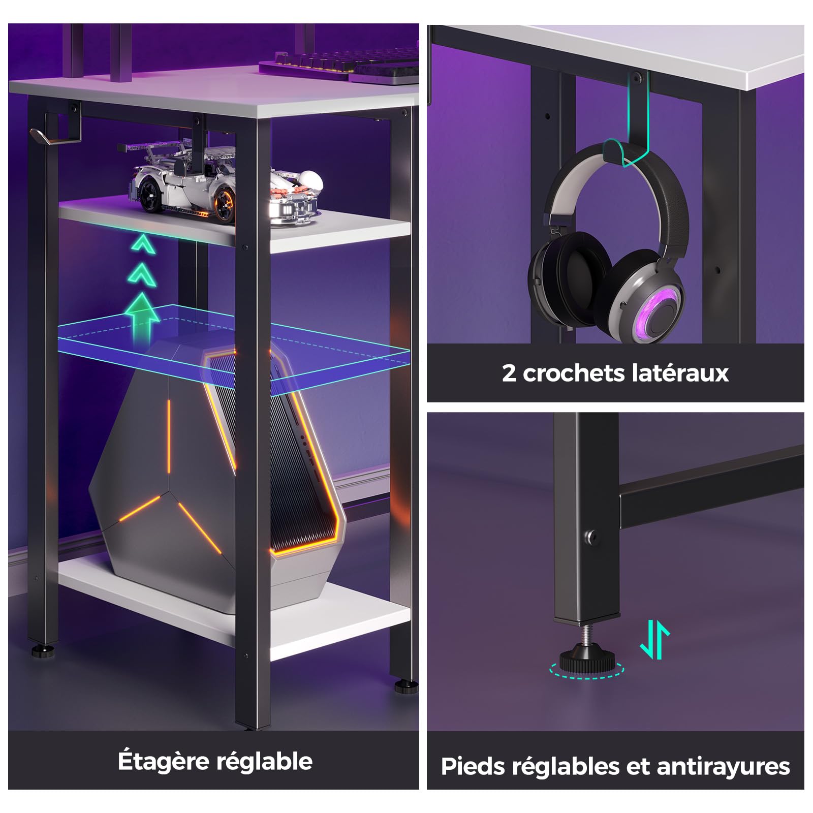 Rolanstar Bureau Gaming d'angle en L avec LED, Prises et Ports USB, 135 x 118 cm, Table d'Ordinateur avec Support Écran, Rangement et 2 Crochets, Bureau Réversible, Blanc