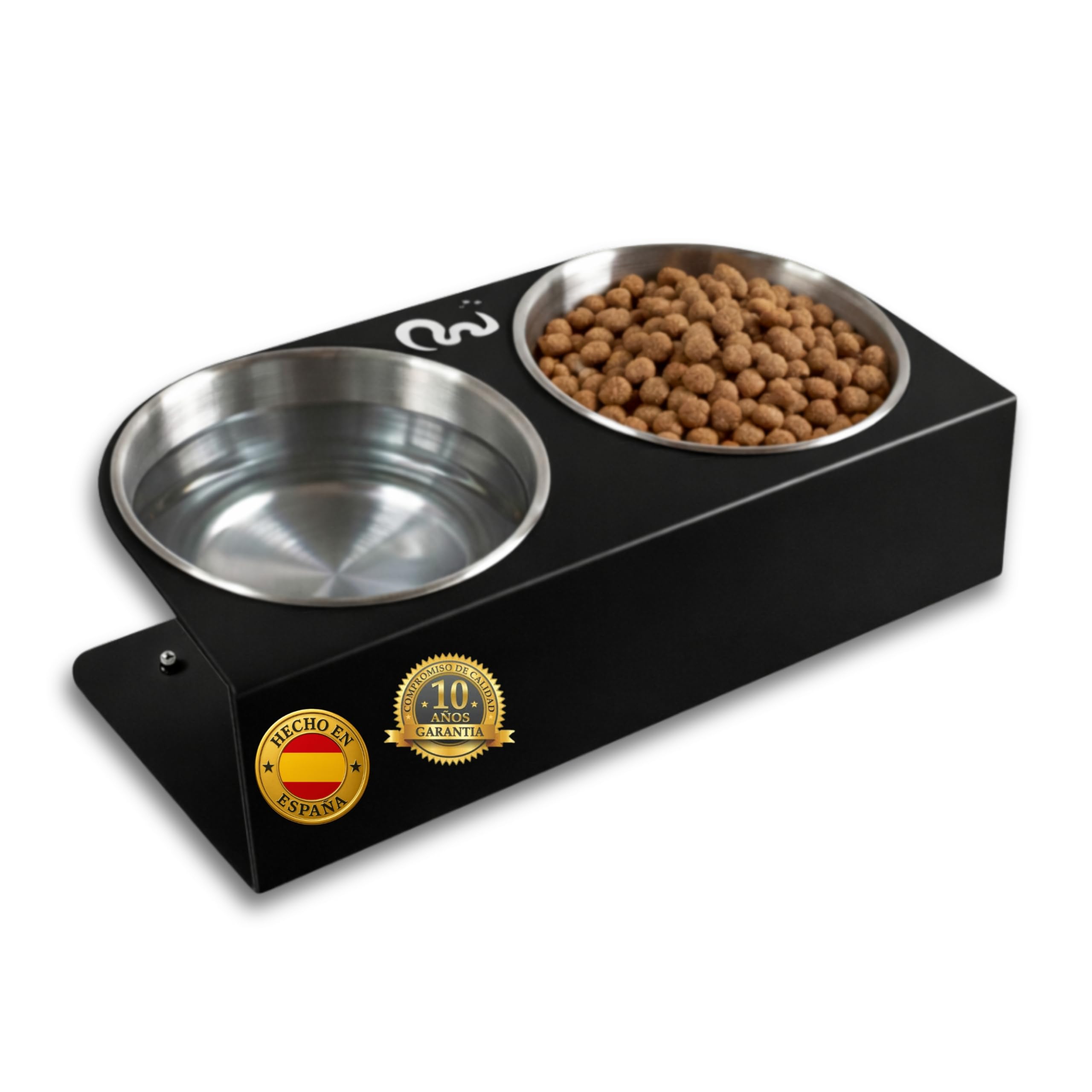 Comedero Perro Elevado para Perros Pequeños Ergonómico, Comedero Gato Elevado Antideslizante y Antibacteriano, Cuencos de Acero Inoxidable, Diseñado y Fabricado en España (Negro, S)