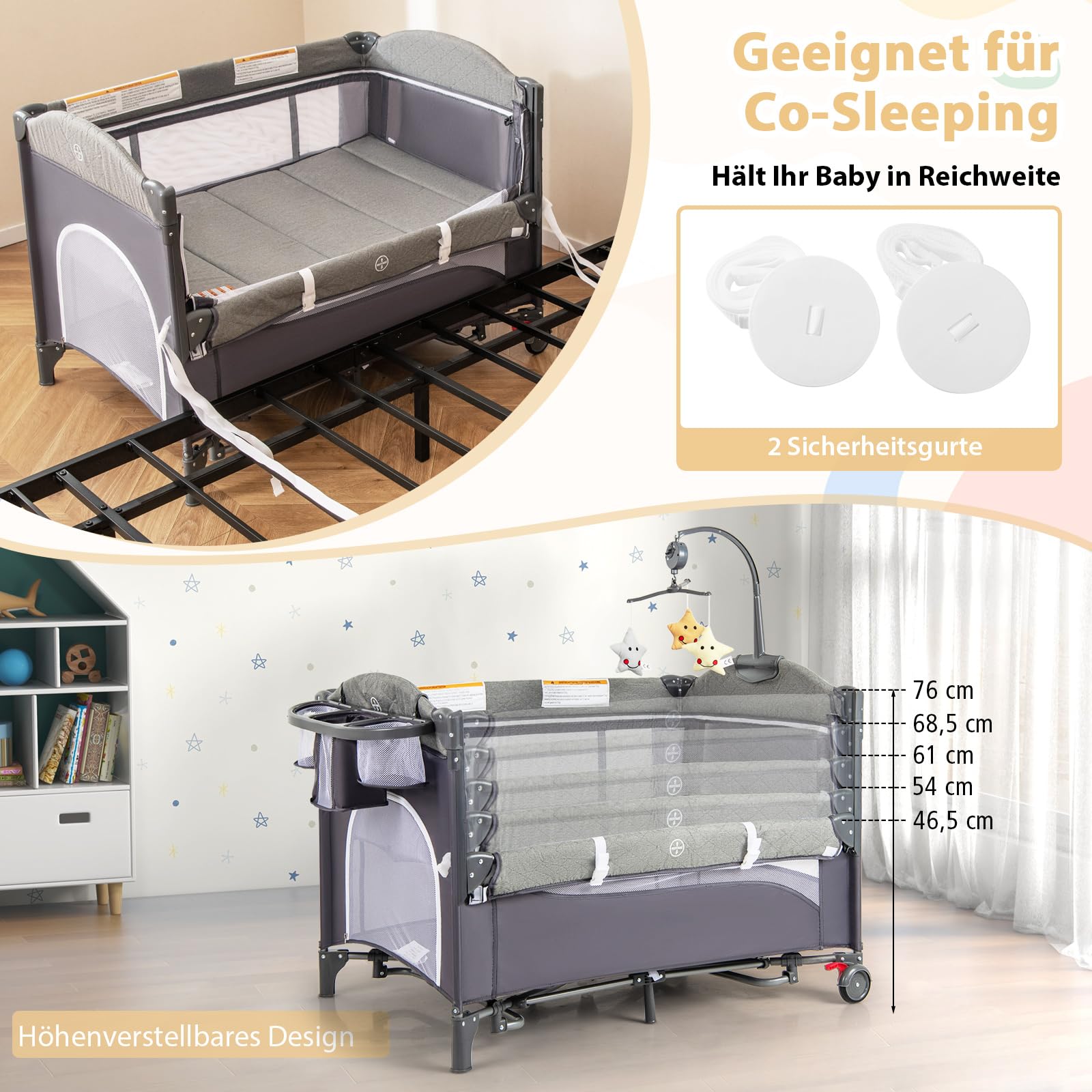 DREAMADE Reisebett mit Matratze, 5 in 1 Beistellbett Baby mit Rollen & Wickelauflage & Spieluhr, 110×76cm Babybett mit Tragetasche, Stubenwagen für Neugeborene & Baby (Grün)