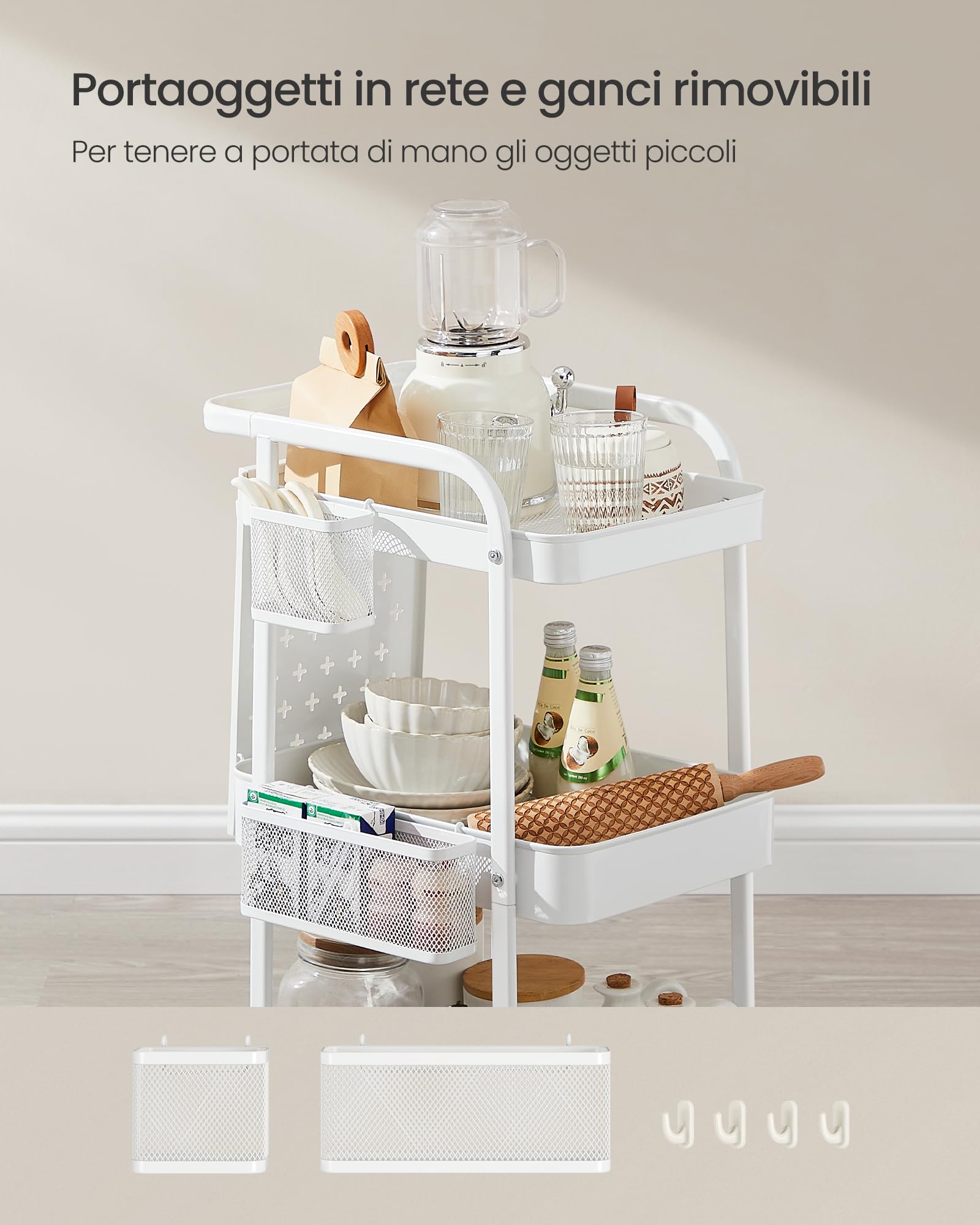 SONGMICS Carrello, Carrellino, 3 Ripiani in Metallo a Rete, 2 Pannelli Forati Rimovibili, 2 Portaoggetti Appesi, 4 Ganci, per Studio Cucina Soggiorno Bagno, Bianco Nuvola LRC037W01
