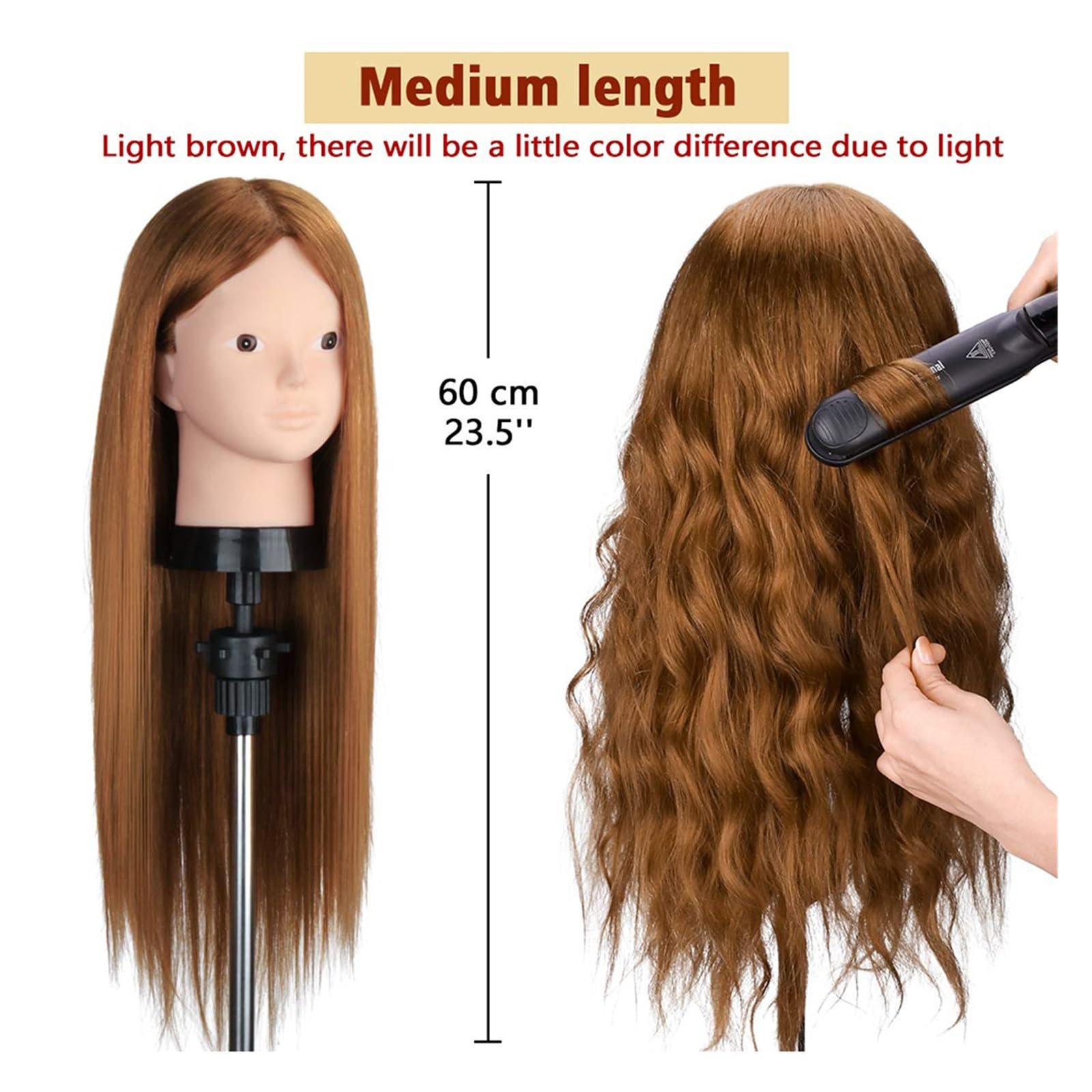 Mannequinkopf mit 85% Echthaar, 65 cm Trainingskopf für Flechten, Schneiden und Warmstyling (Light Brown)