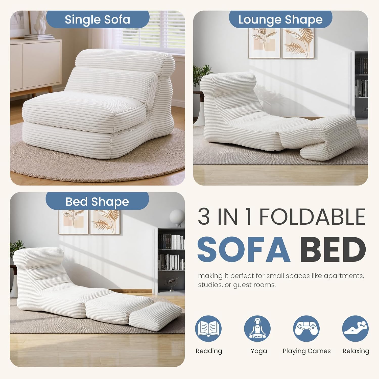 DUMOS 84" 3-in-1 Convertible Boneless Sofa Bed, Foldable Comfy Futon Sleeper Sofa Bed Couch with Back Support, Comfortable Modern Folding Floor Chair for Bedroom Living Room, Office, Apartment, White