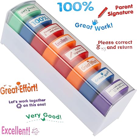 8Pcs Teacher Stamps for Classroom Teacher Supplies Self-inking Grading Stamps Encouraging Comments for Parent Signature School Teachers Review Feedback Homework Reward Colorful Stamp with Storage Tray
