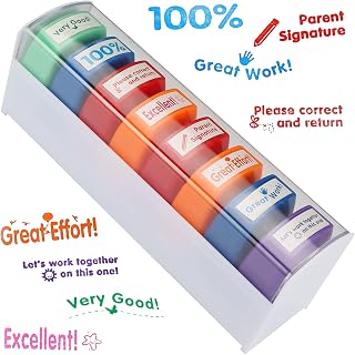 8Pcs Teacher Stamps for Classroom Teacher supplies Self-inking Grading Stamps Encouraging Comments for Parent Signature School Teachers Review Feedback Homework Reward Colorful Stamp with Storage Tray