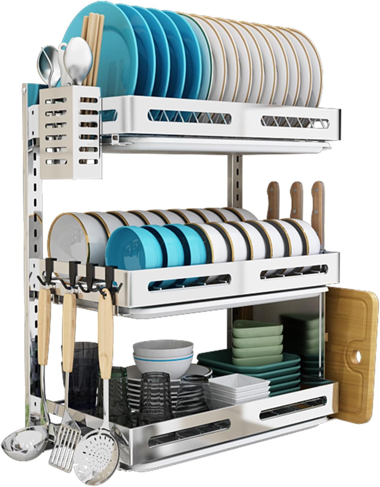 Dish Drying Rack Stainless Steel Dish Drying Rack Fruit Vegetable Storage Basket with Drainboard and Hanging Chopsticks Cage Knife Holder Wall Mounted Kitchen Supplies Shelf Utensils Organizer 3 Tier