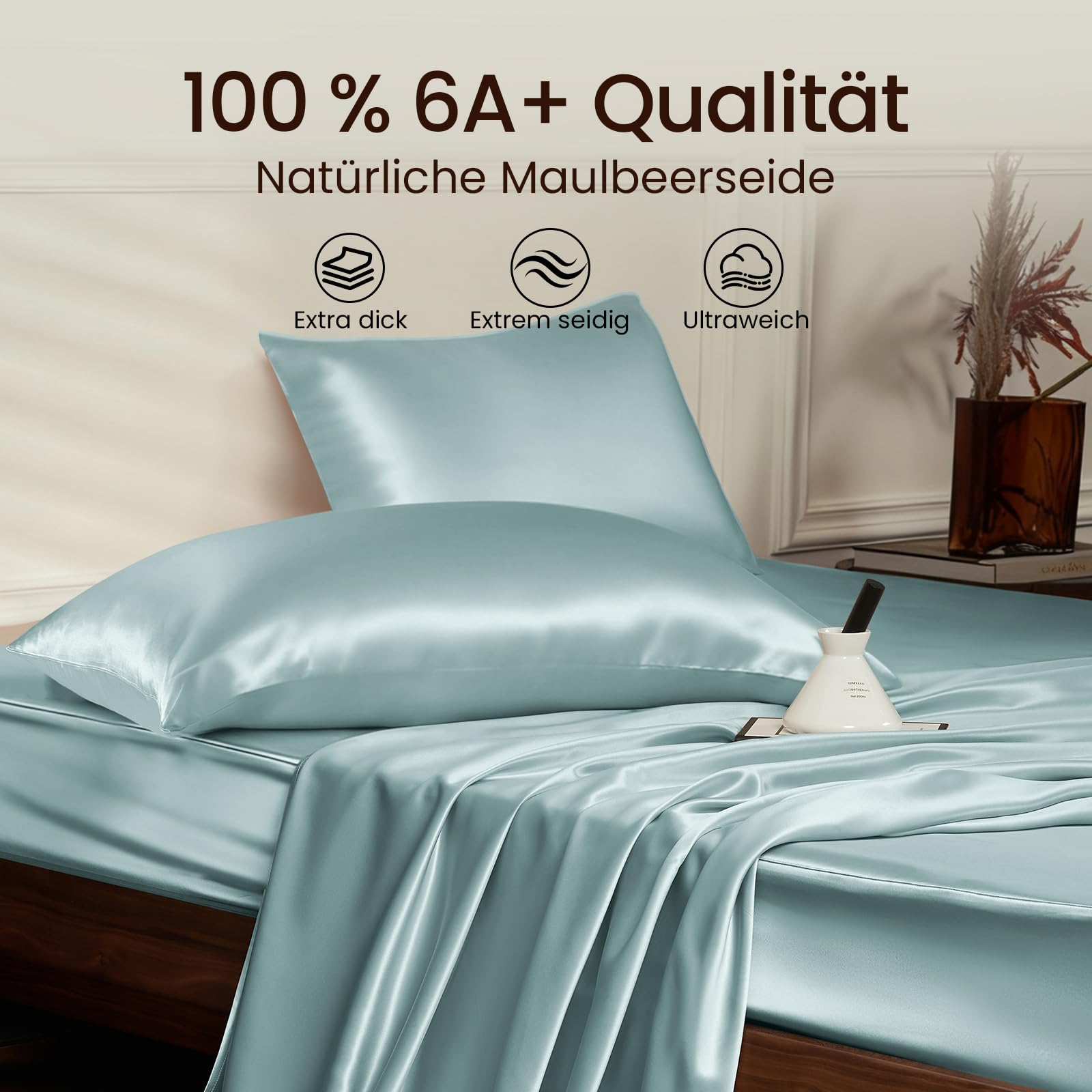 THXSILK Funda de almohada de seda de 25 Momme para cabello y piel, funda de almohada de seda de morera, hipoalergénica con cremallera oculta, seda pura en ambos lados… (azul claro, 40 x 80 cm)