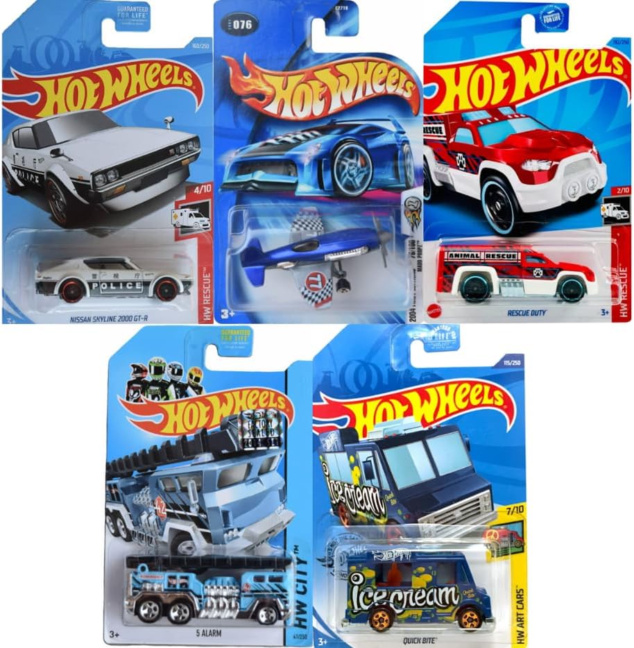 Hot Wheels Utility & Emergency Random 5 Pack! Assorted Variety Mystery Bundle, No Duplicates! [Styles May Vary!] (Police Cars, Firetrucks, Trains, Planes, Helicopters, etc.)