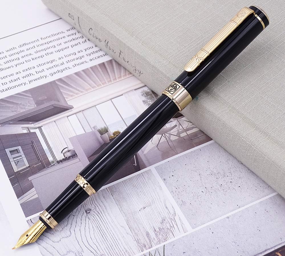 Lanxivi Picasso 902 Gentleman Fountain Pen Bent Nib Fude Pen, Fine to Broad Size, Black Gold Trim Collection Signature Gift Pen