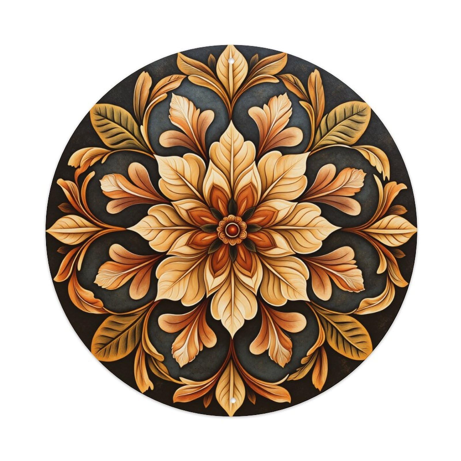 Floral Mandala Symmetrical Design Pattern Round Tin Sign Vintage Metal Poster, Home Bar Garage Man Cave Cafe Indoor & Outdoor Wall Decoration 8x8Inches