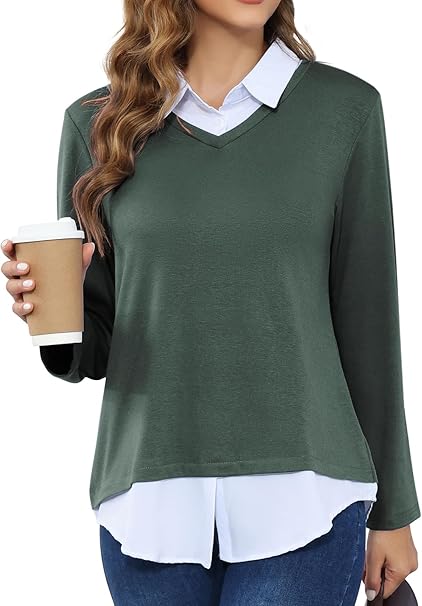 MISS FORTUNE Women's V-Neck Fall Winter Sweater Collar 2 in 1 Casual Long Sleeve Patchwork Office Pullover Shirts 2025