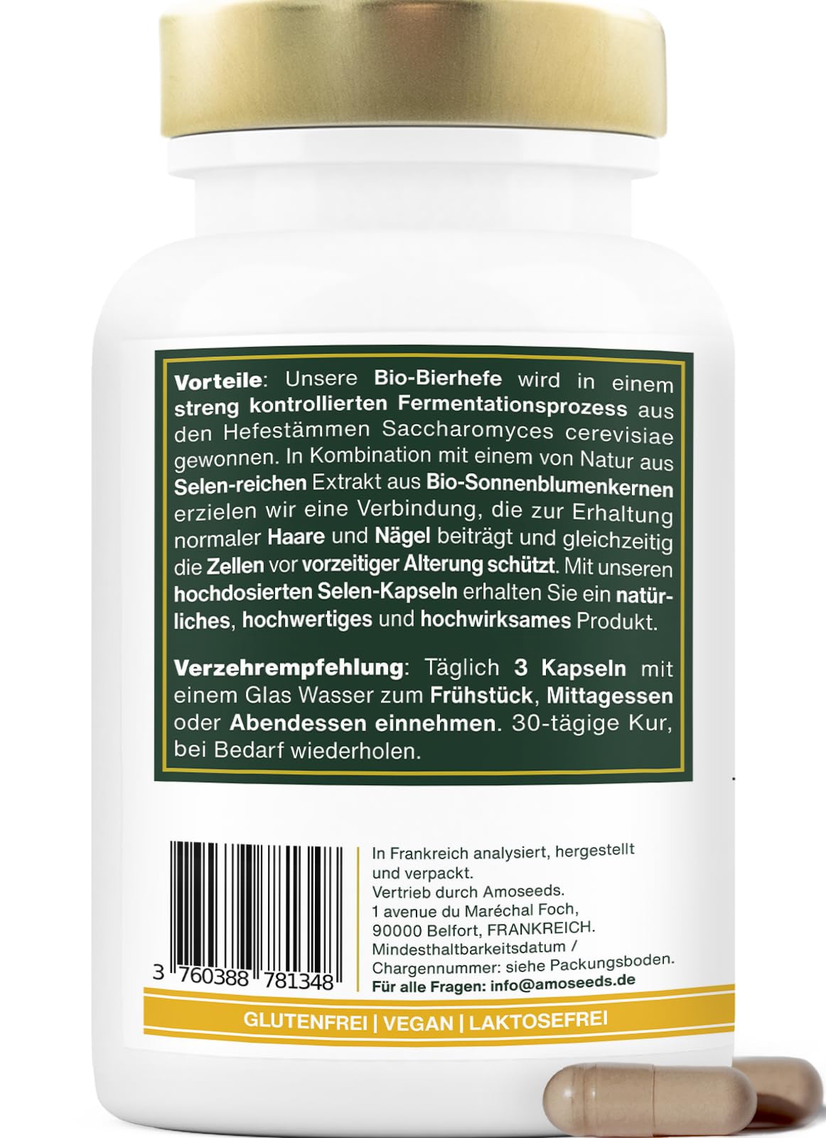 BIO-Bierhefe | Haare und Nägel | Lebendhefe, 1200mg / Tag, Glutenfrei | Angereichert mit Selen | 90 vegane Kapseln | Spitzenqualität