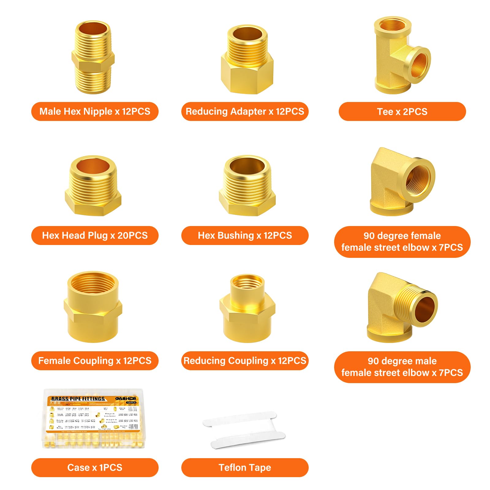 GASHER Kit surtido de 104 accesorios de tubería de latón, adaptador reductor, boquilla hexagonal, acoplamiento hembra, acoplamiento reductor, codo de calle Barstock de 90 grados, buje hexagonal