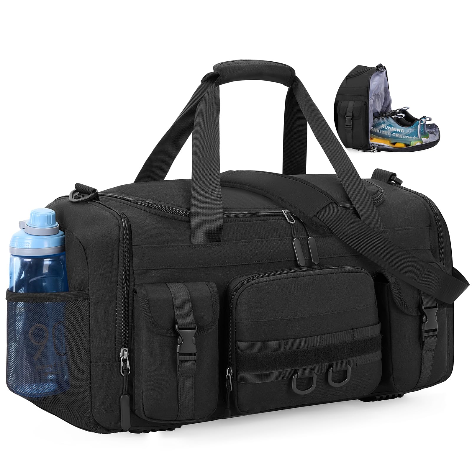 SDYSM Gym Bag 40L Large Tactical Travel Duffle Bag for Men Women Waterproof Weekender Bags Carry on Overnight Bags with Shoe Compartment & Wet Pocket for Gym Travelling Sports, Black