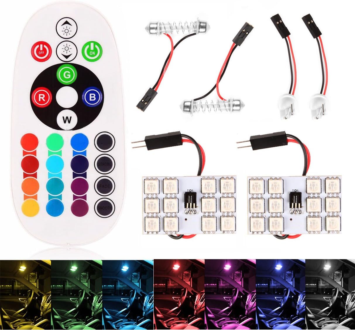 Carmoni 1-Set(2PCS) RGB 5050 24SMD LED Panel Dome Light Auto Remote Controlled Colorful Led Lamp DC 12V With T10 BA9S Festoon Adapters (12Led)