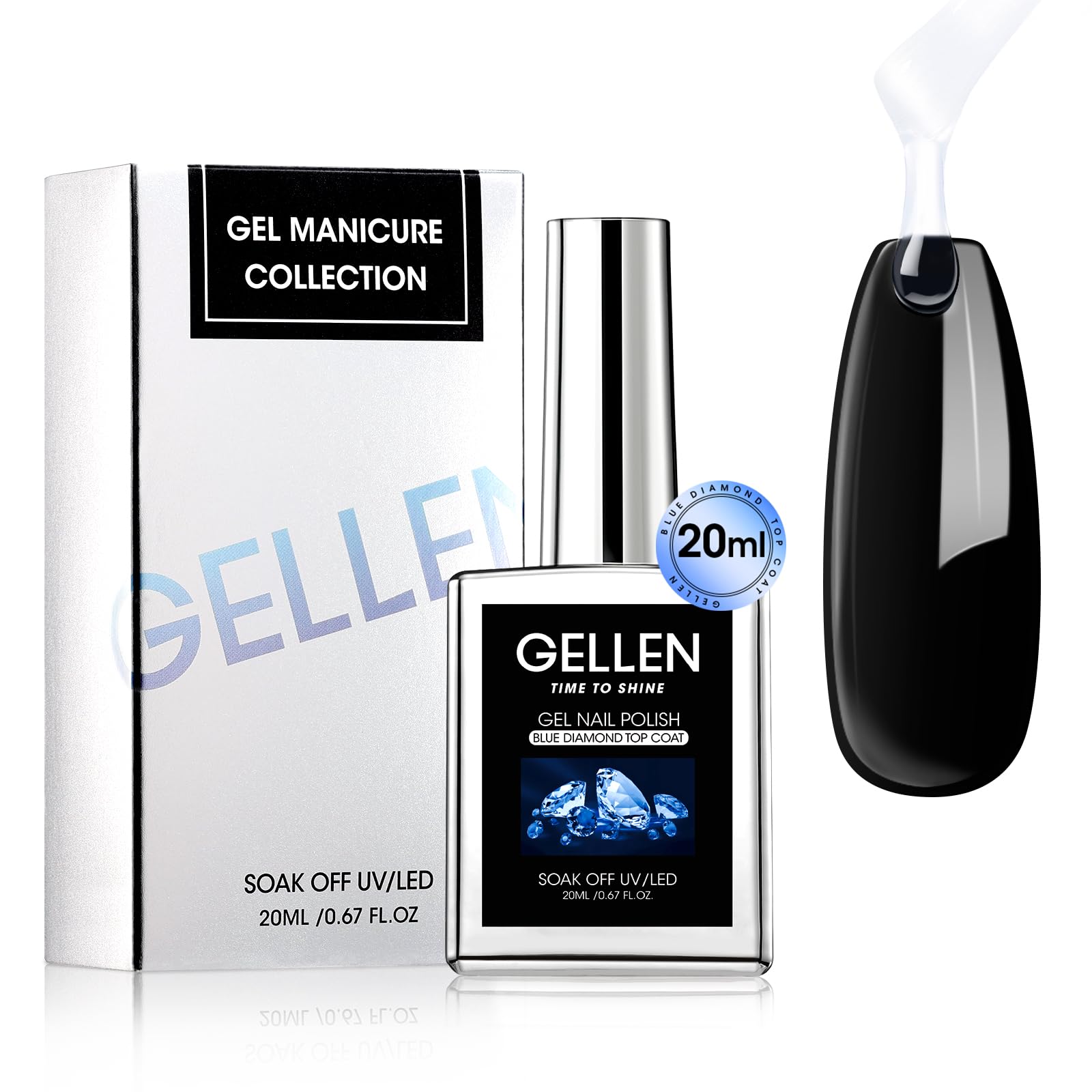 Gellen Gel Top Coat 20ml Blue Diamond Top Coat for Long Lasting Gel Nail Polish Top Gel Glass Clear FinishSuperior High Gloss Shiny No Wipe Top Coat Gift for Nail Art Lovers, Curing Needed