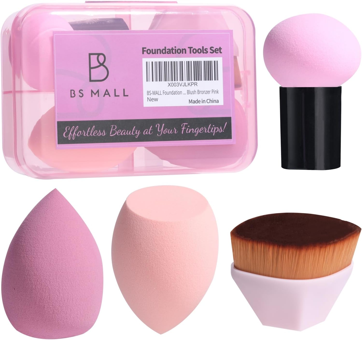 Foundation Brush with 3 Makeup Sponges Foundation Application Set Concealer Blush Bronzer (B-Pink)