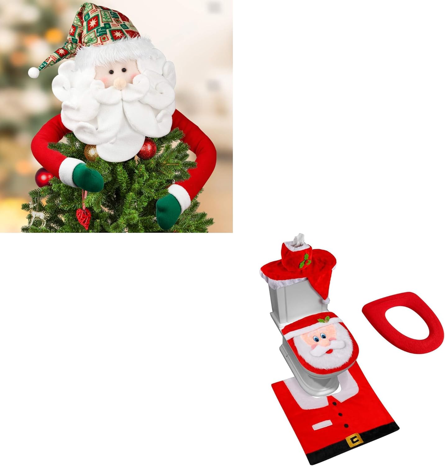 D-FantiX Christmas Santa Tree Topper & 3D Nose Santa Toilet Seat Cover and Rug Set