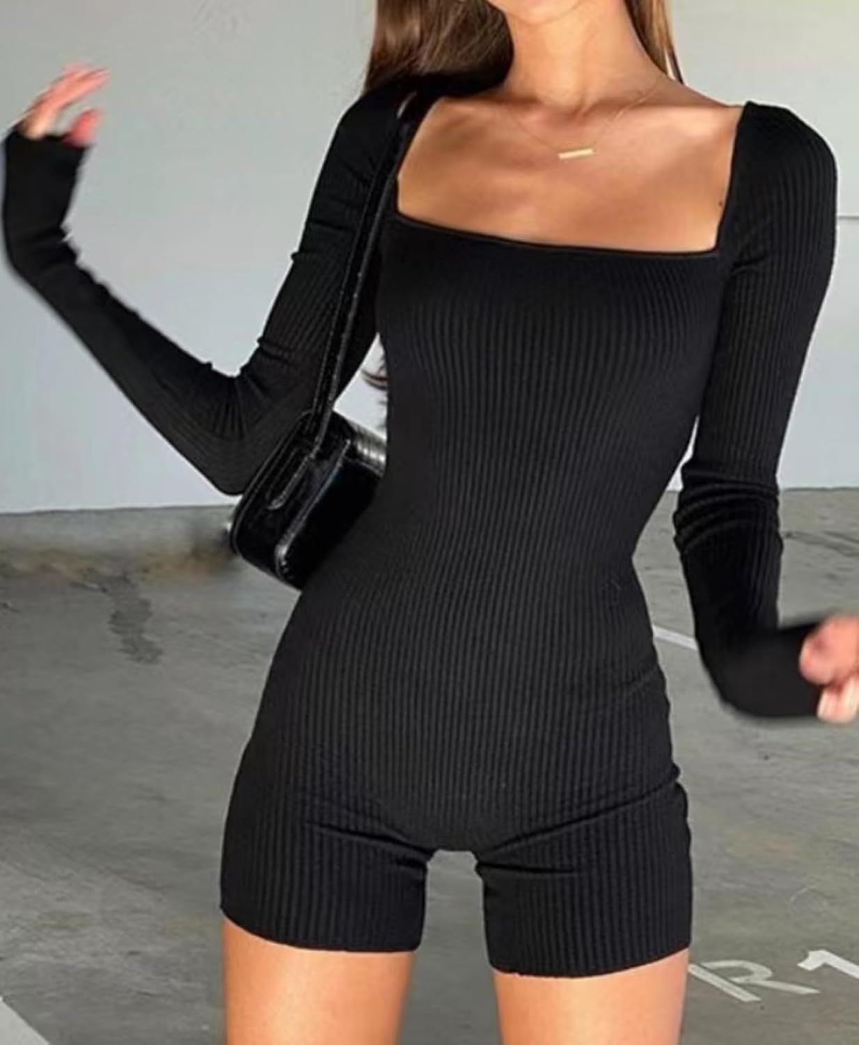 OLCHEE Womens Long Sleeve Workout Jumpsuit Square Neck Ribbed Seamless Yoga Romper Sexy Bodycon Tummy Control Unitard Onesie - Image 5