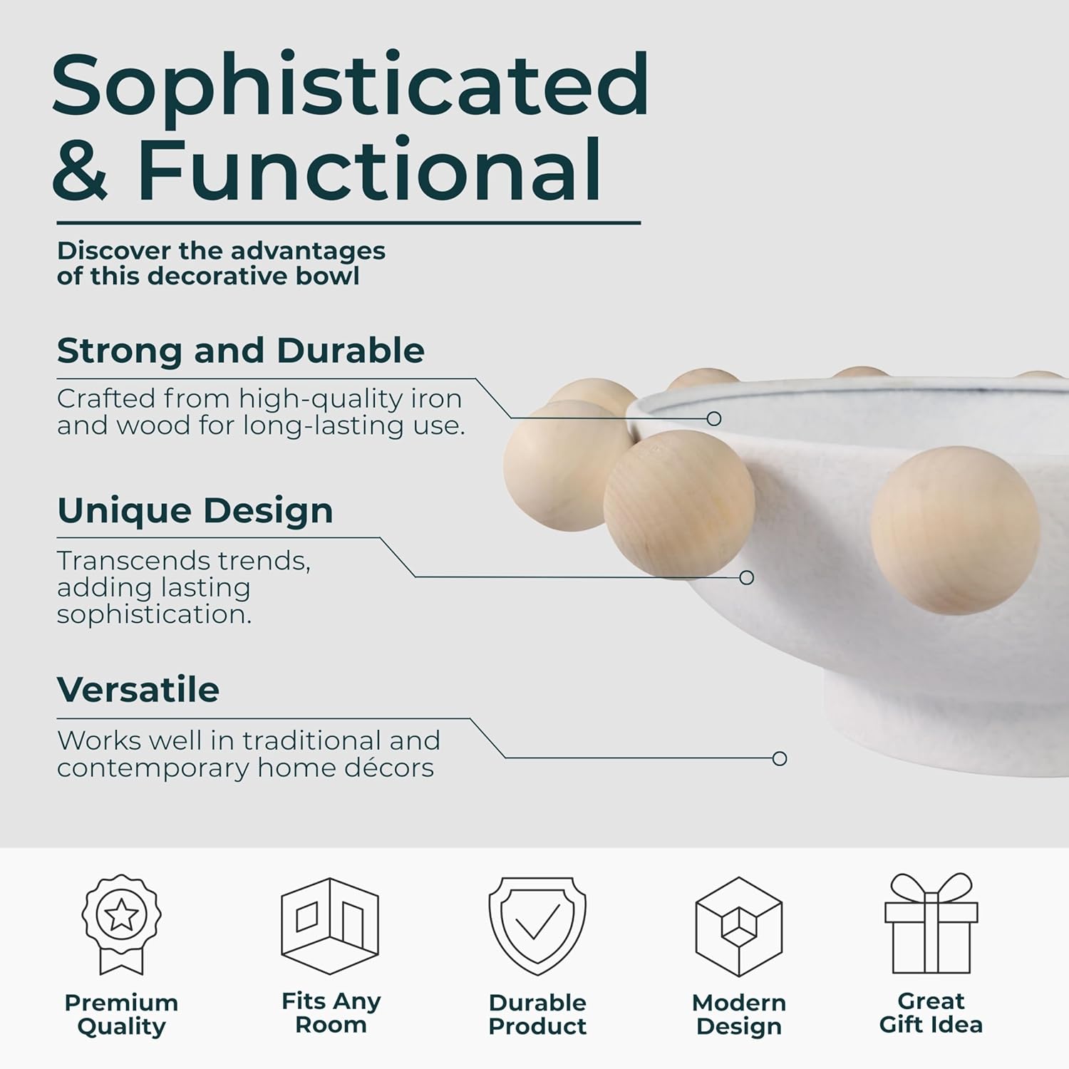 Decorative Bowl for Home Decor – Modern Wood and Metal Accent with Sculptural Wooden Knobs, Casual Catch-All Bowl for Keys, Jewelry, or Potpourri Display on Entryway Table or Console – 13", White