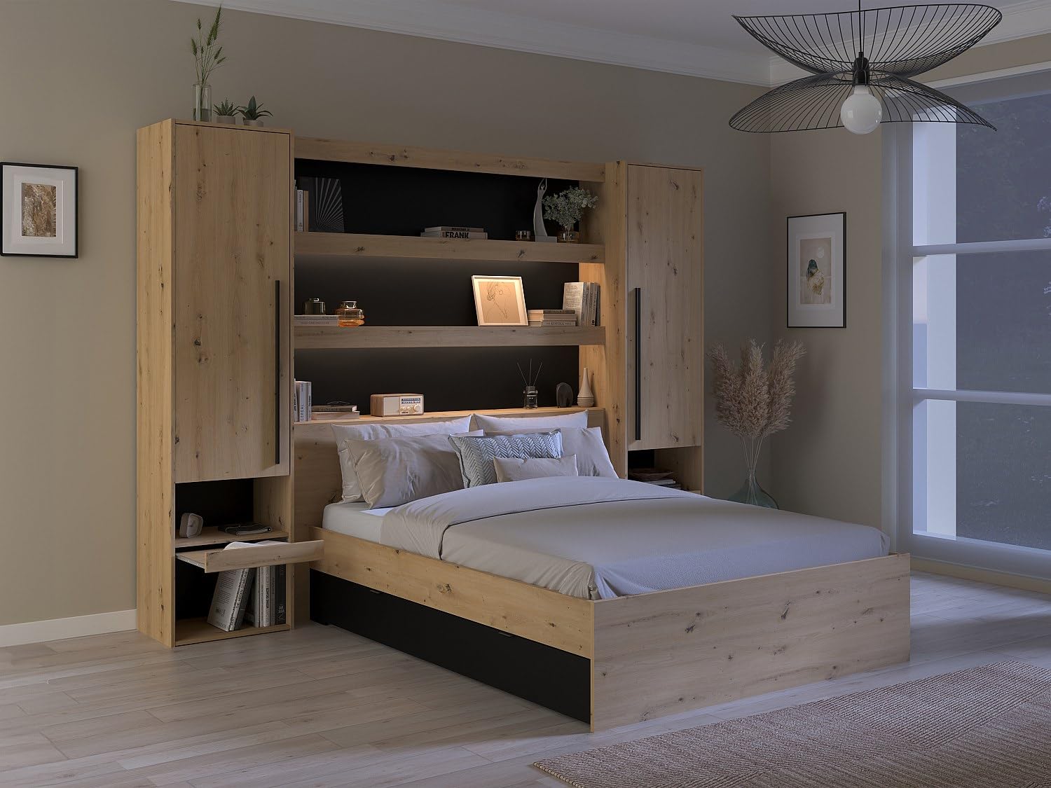 Vente-unique - Lit Pont 160 x 200 cm avec rangements - avec LEDs - Coloris : Naturel et Noir + Sommier + Matelas - VARLY