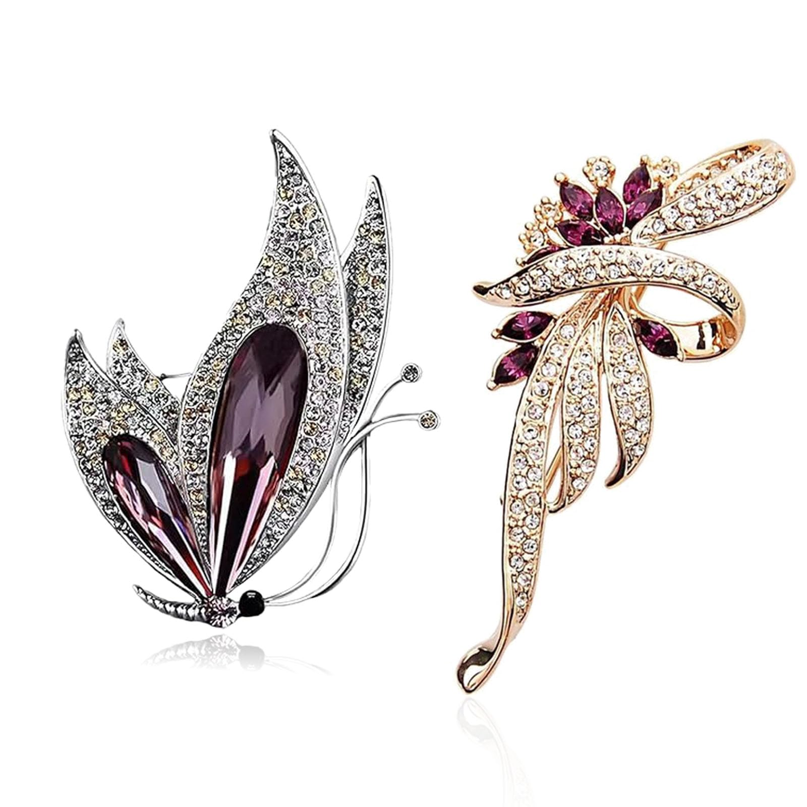 2Pcs Brooch Pin for Women, Golden Bauhinia and Purple Crystal Butterfly Brooch Pin for Women, Elegant Saree Pins for Women Latest Trends, Perfect for Blazers, Coats, and Hijabs, Stylish Accessory for Formal and Casual Wear