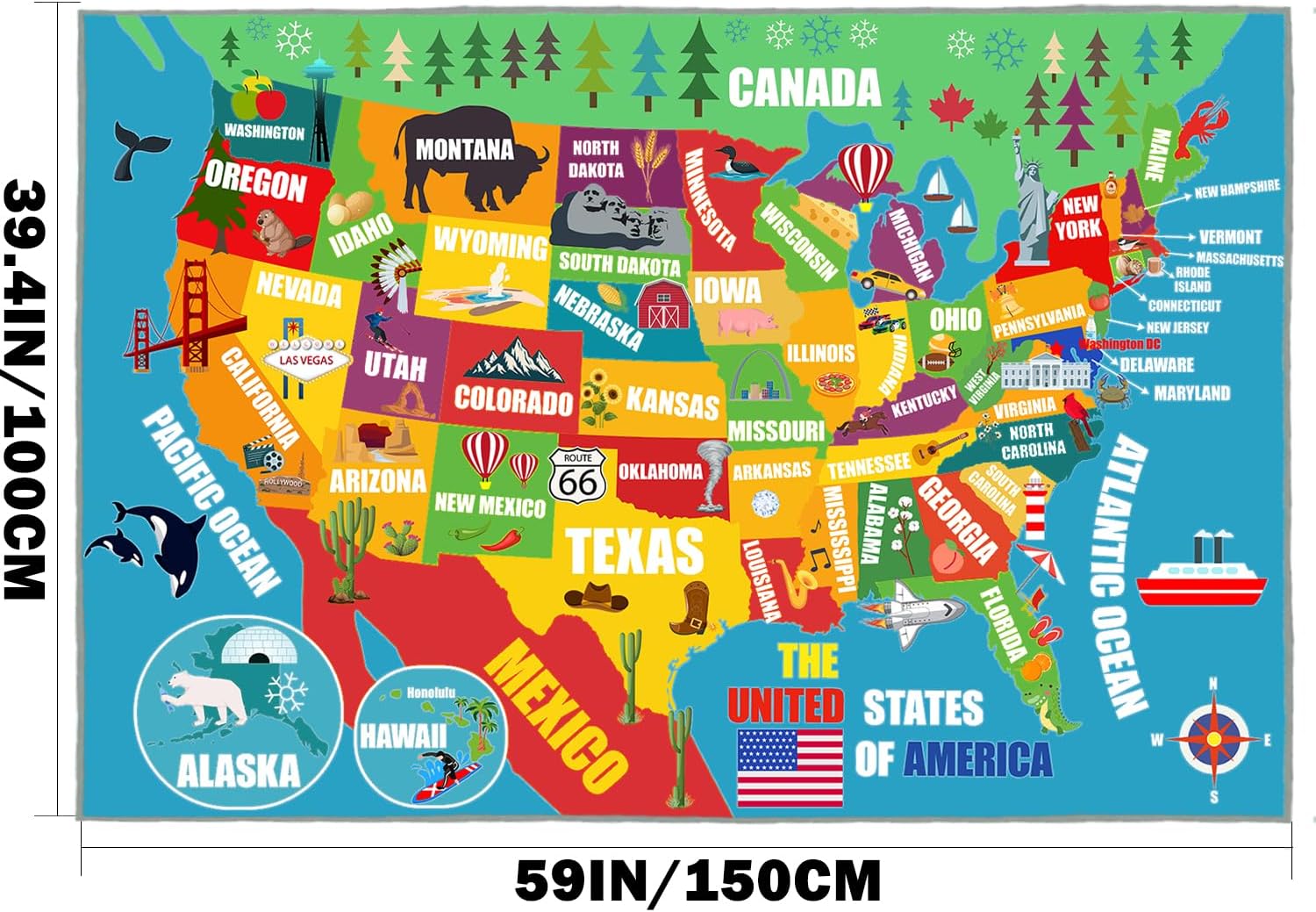 Kids Play Rug, USA United States Map Rugs Educational Play Mat Carpet Children Play Area Rug for Kids, Toddlers, Nursery, Classroom, Playroom, Baby Daycare