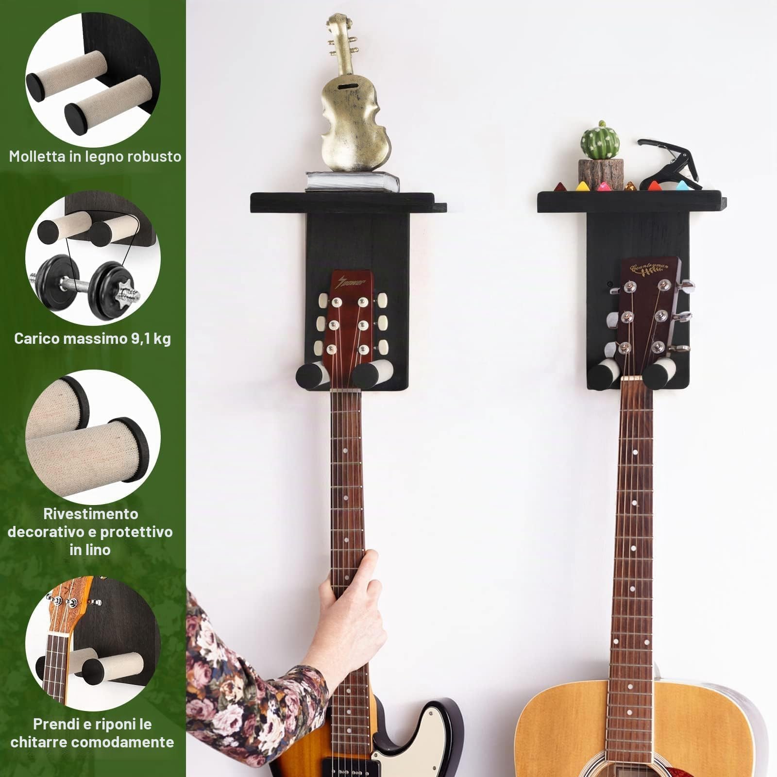 Porta Chitarra da Muro, Appendi Chitarra da Muro Set da 3, Supporto Chitarra, Reggi Chitarra per Chitarra Acustica, Electric Guitar, Basso, Ukulele - Nero