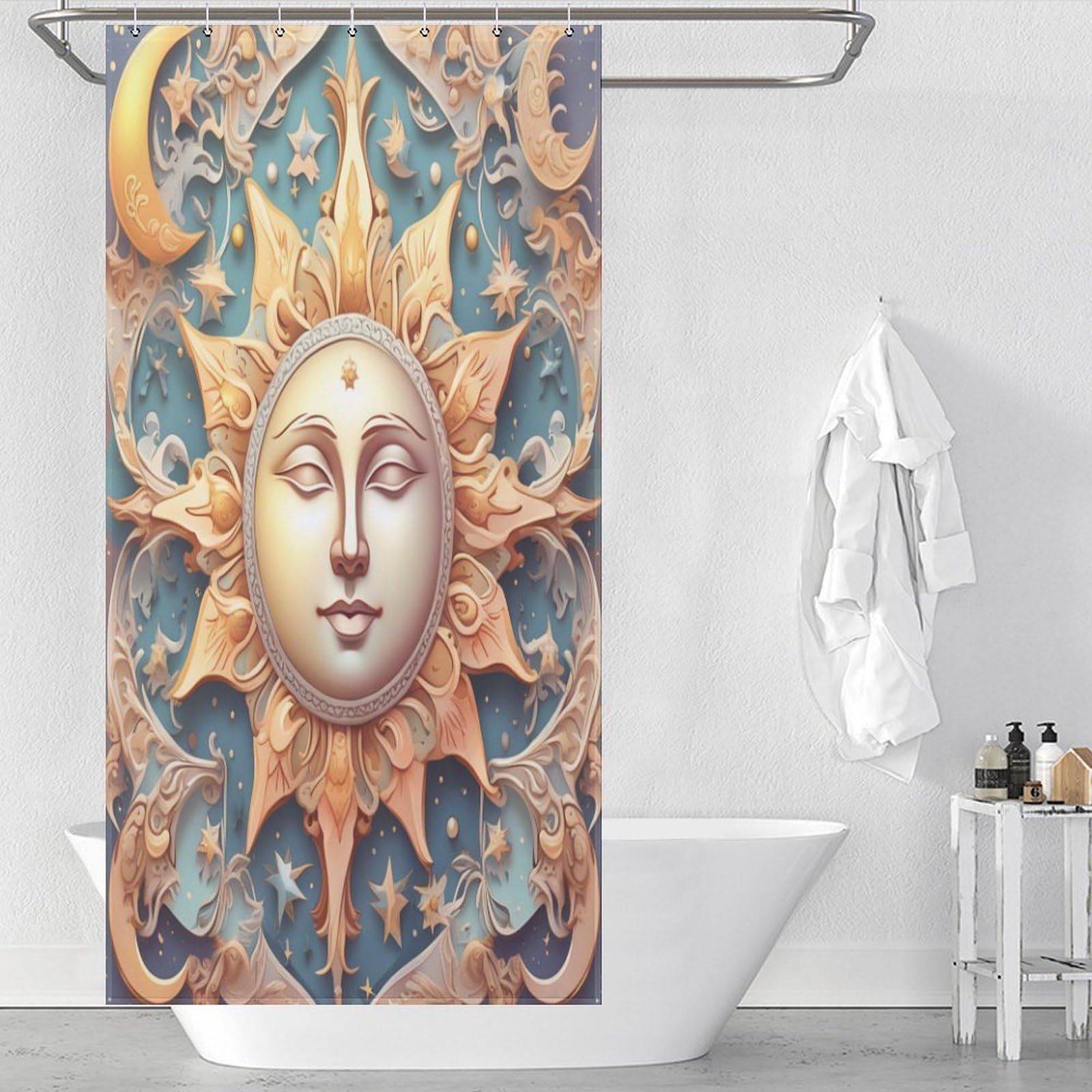 Rideau de douche tissu fini les moisissures avec ce textile polyester lavable imperméable soleil lune