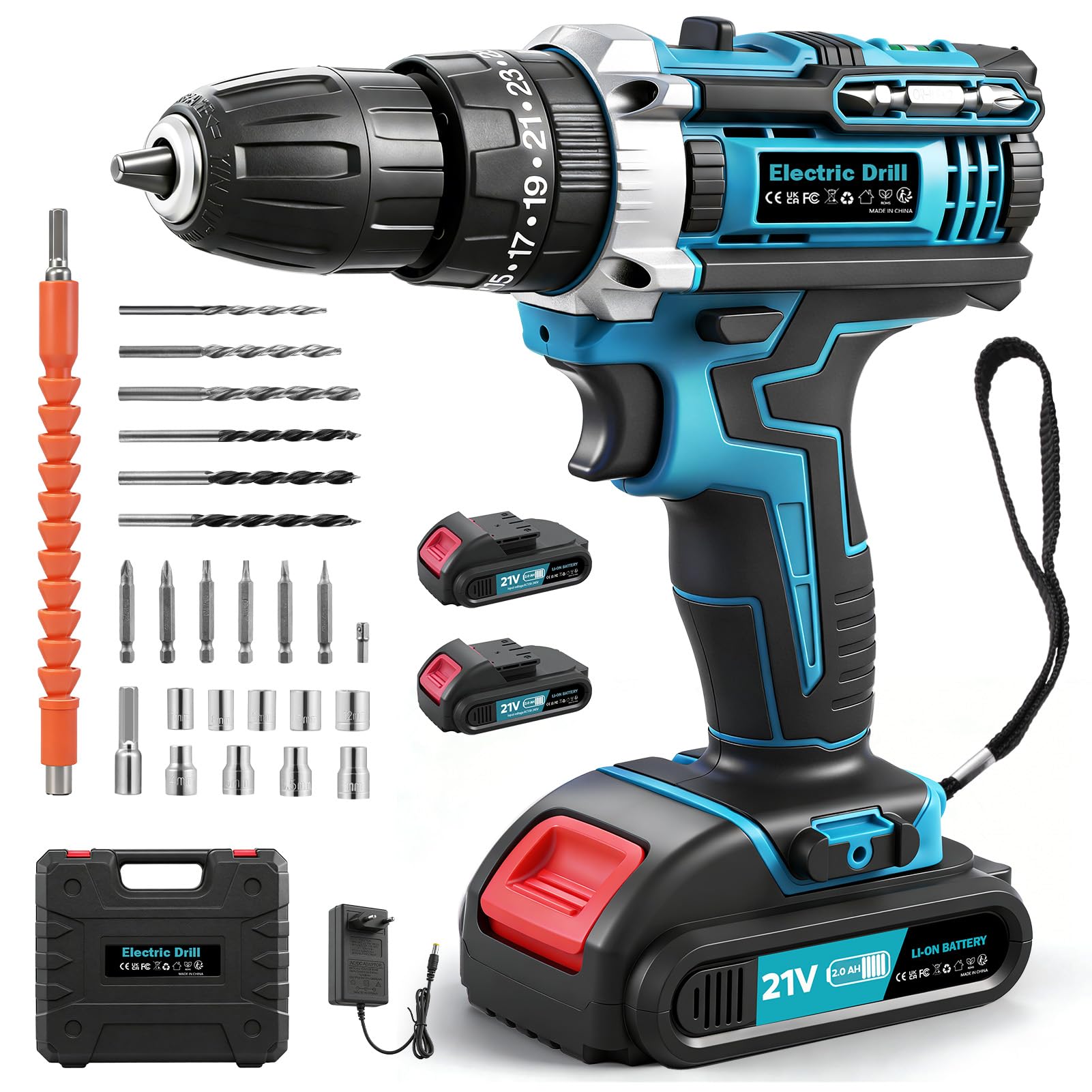 21V Destornillador Electrico, Taladro Percutor a Bateria con Batería 2000mAh, 25+3 Ajustes Par Máx 50Nm con 2 Baterías y Cargador Rápido, para Jardín Hogar y Bricolaje