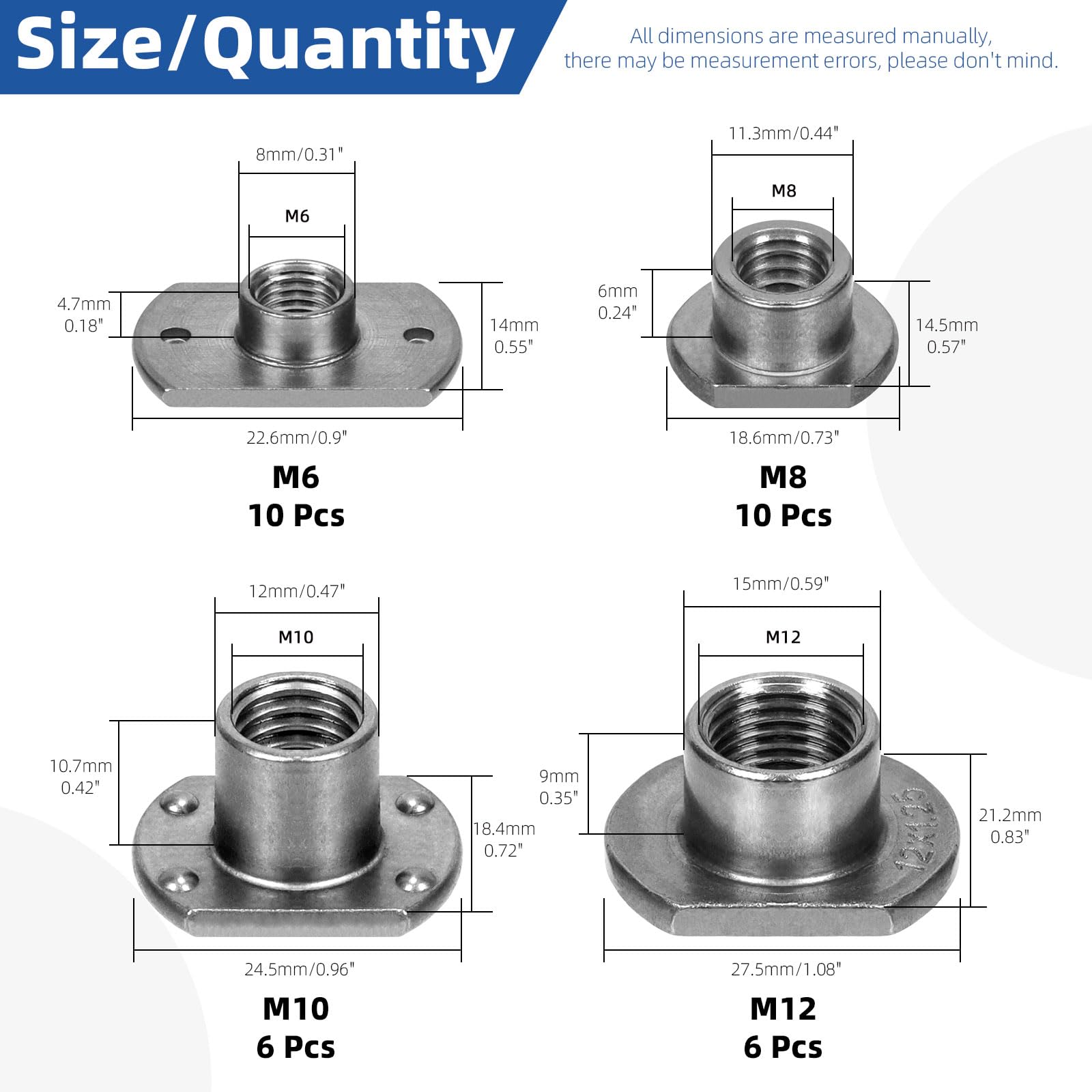 Glarks 32Pcs Weld Nuts Set, M6 M8 M10 M12 Tab Base UNC Carbon Steel Machine Screw T-Nuts 2 Projection 4 Projection for Furniture Vehicles Caster Industry Machine