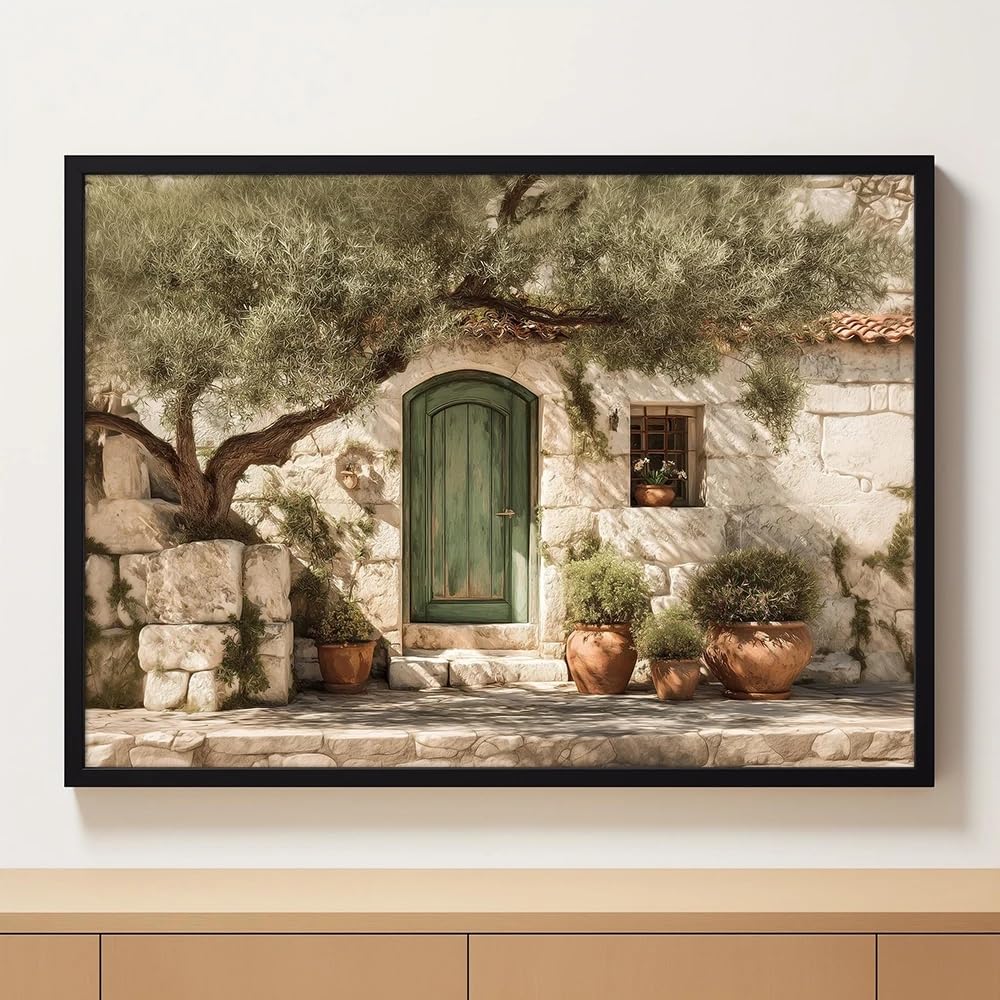 GOSRD Rustic Stone Cottage Wall Art Print, Olive Tree Green Door And Terracotta Pots Farmhouse Decor(60x80CM/Frameless)