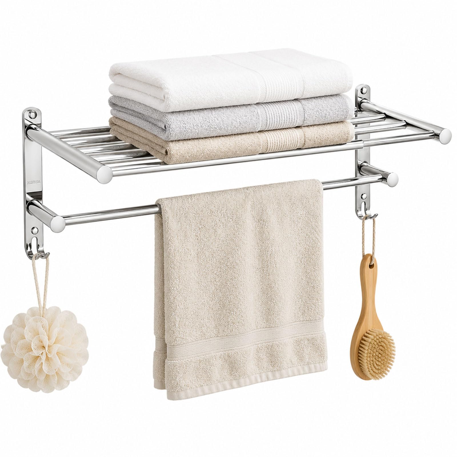Porta Asciugamani da Parete 2 Livelli con Mensola, con Ganci e Viti | Portasciugamani Bagno Allungabile 43-76 cm, Porta Salviette da Muro Acciaio Inox, per Bagno, Cucina, Hotel (Argento)