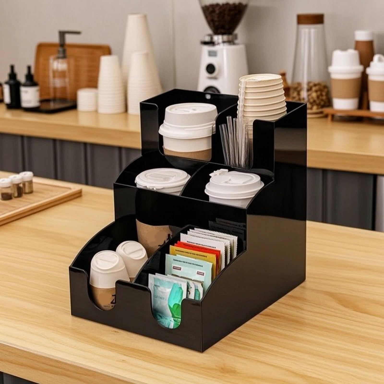 Portavasos Acrílico Compacto Organizador Vasos con Compartimentos Brillante para Baristas, Negro, Estante De Tazas Inclinado De Cuatro Rejillas