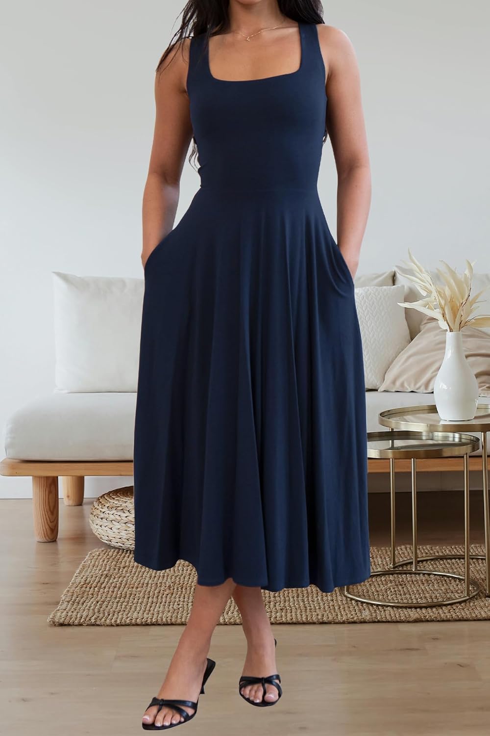 FairBeauty Women's Square Neck Casual Sleeveless Long Dress Stretchy Summer Sundress with Pockets - Image 2