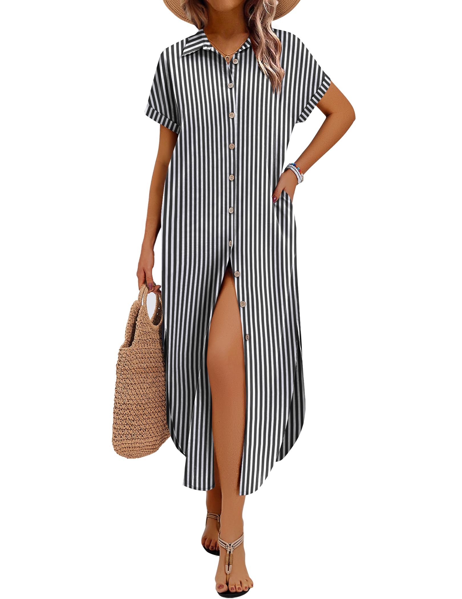 Zeagoo Womens Dresses Casual Summer Short Sleeve Button Down Long Shirt Dresses Swimsuit Beach Cover Ups with Pockets